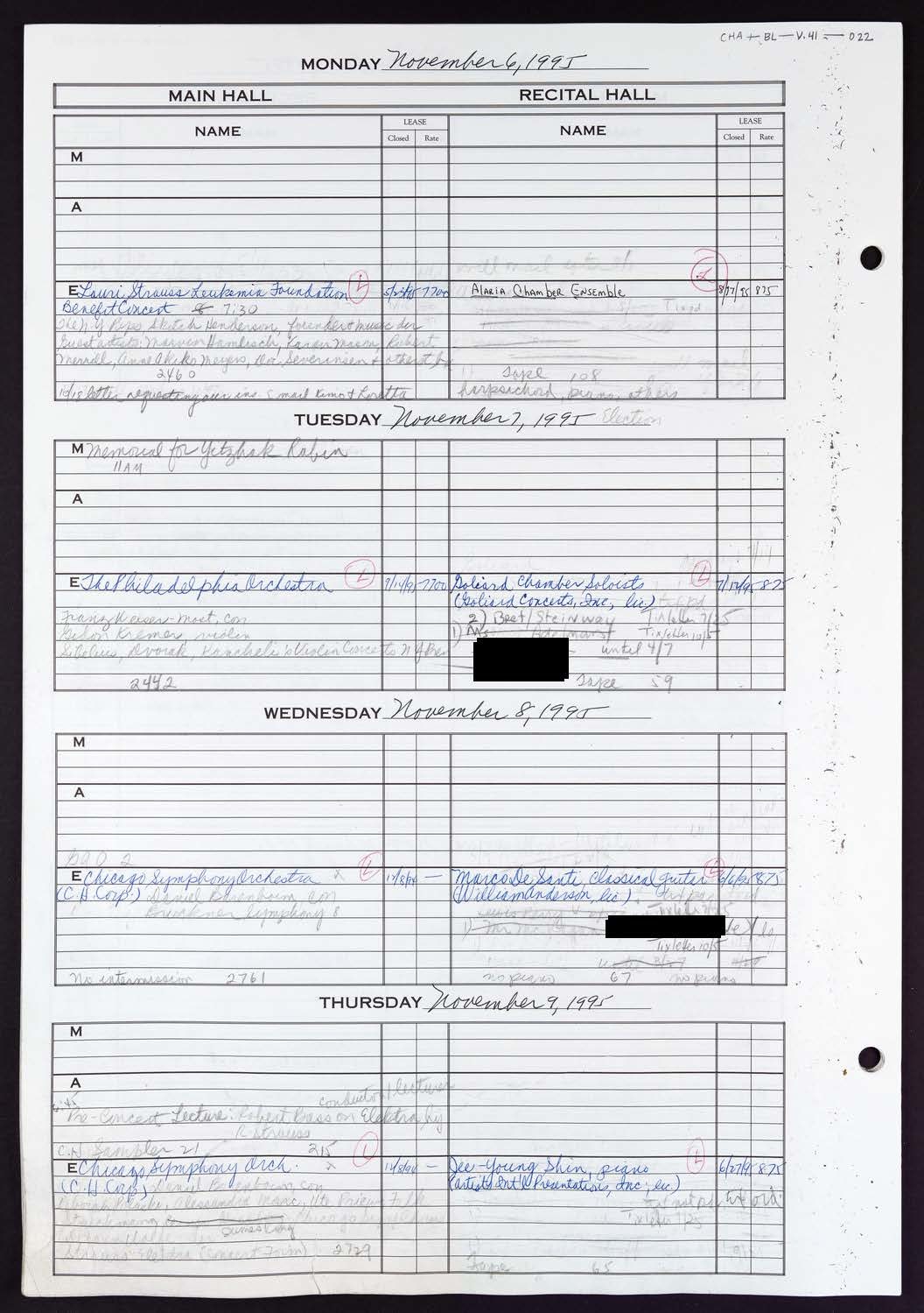 Carnegie Hall Booking Ledger, volume 41, page 22