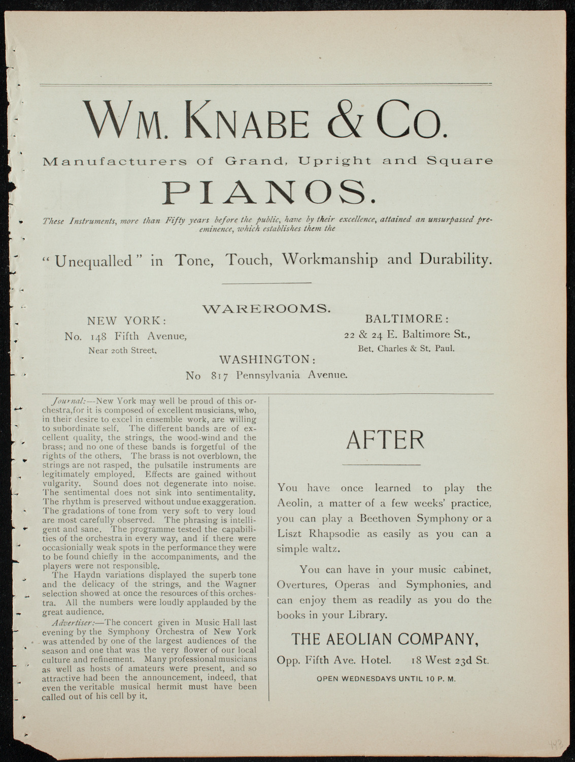 Damrosch Sunday Concert, December 27, 1891, program page 3