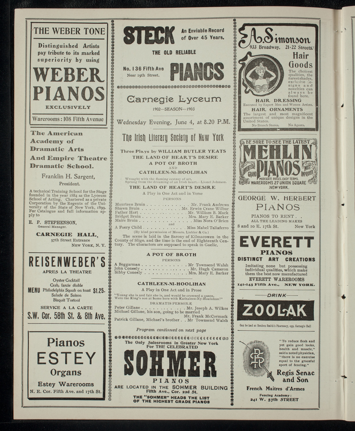 Irish Literary Society of New York, June 4, 1903, program page 2