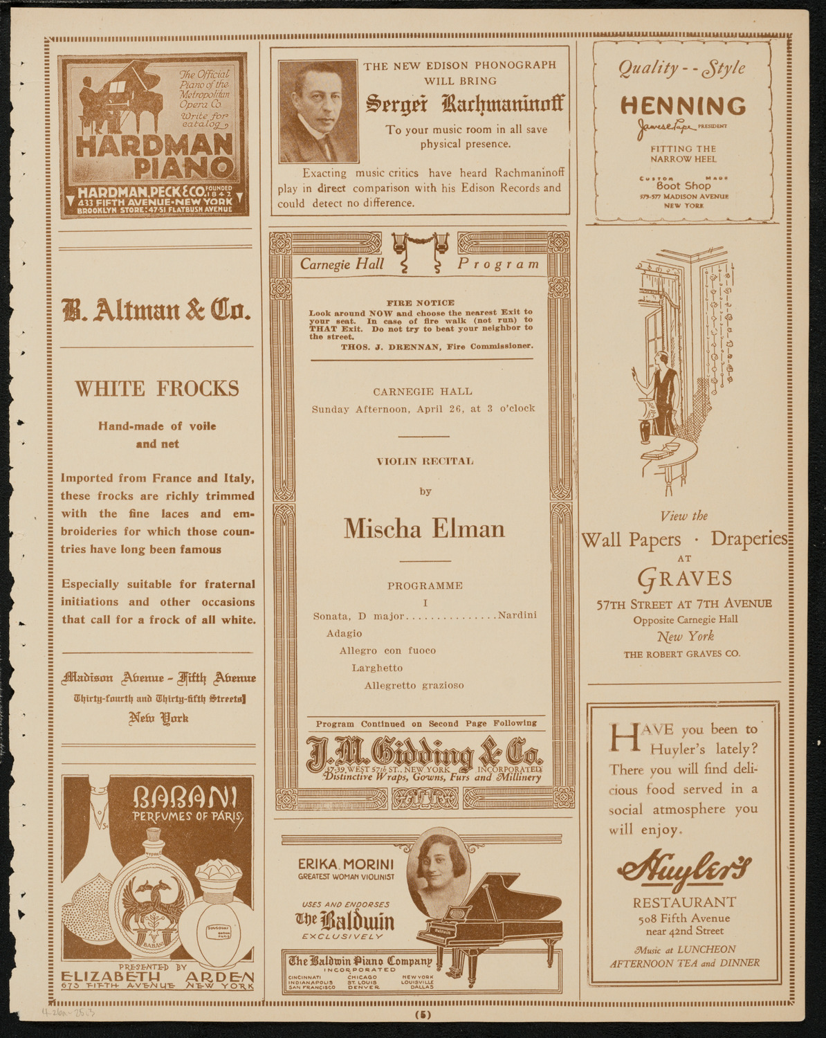 Mischa Elman, Violin, April 26, 1925, program page 5