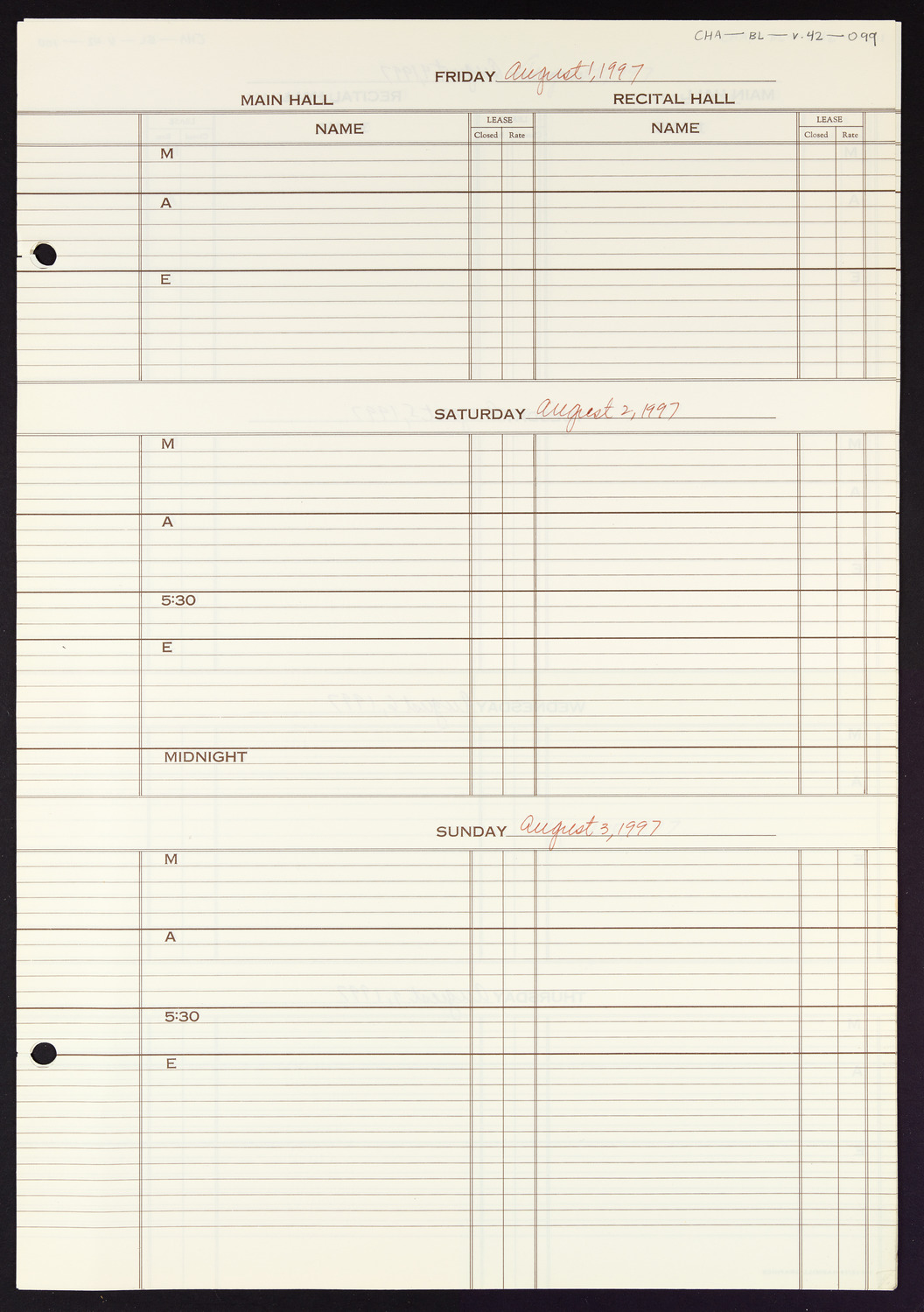 Carnegie Hall Booking Ledger, volume 42, page 99