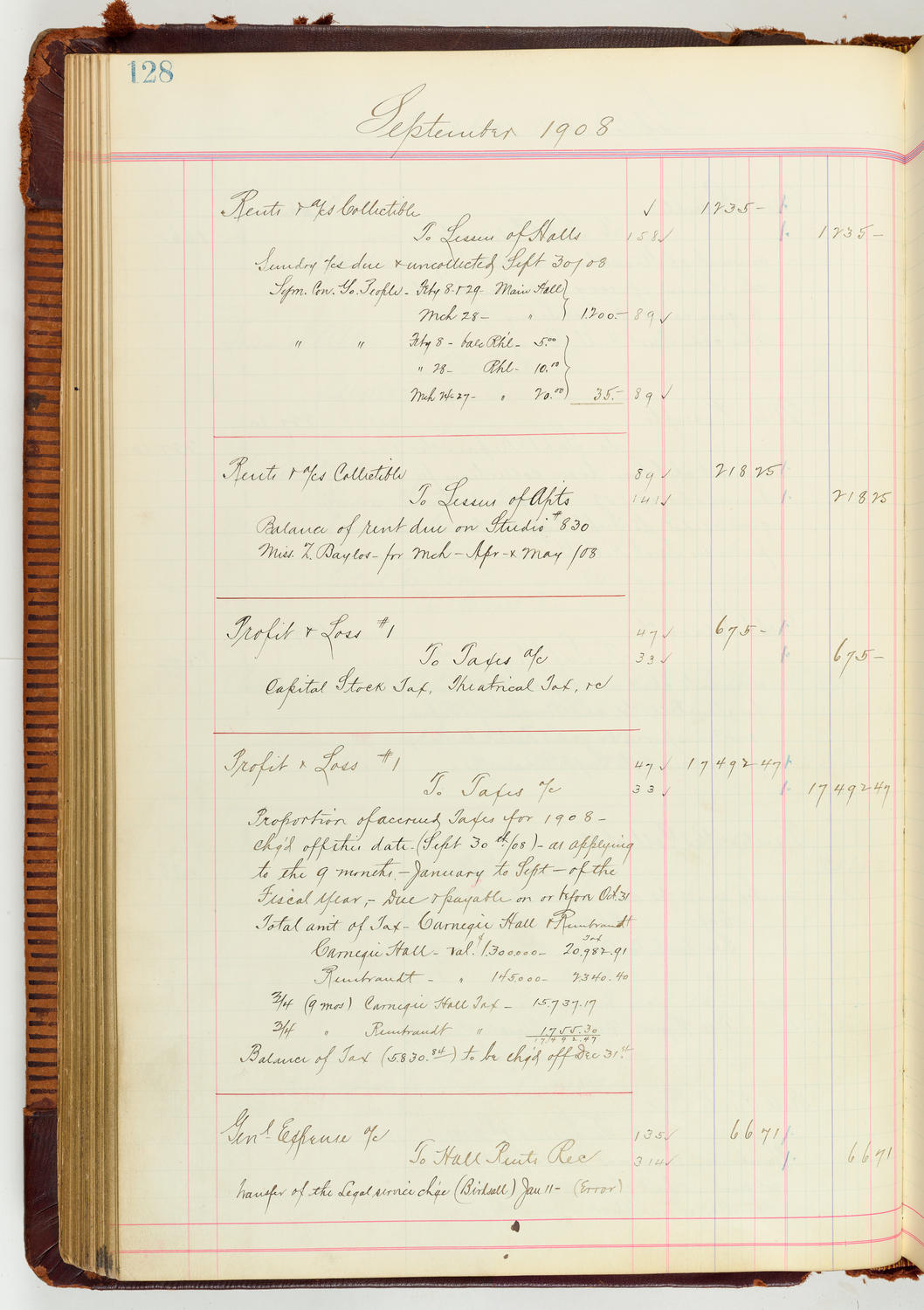 Music Hall Accounting Ledger Journal, volume 7, page 128