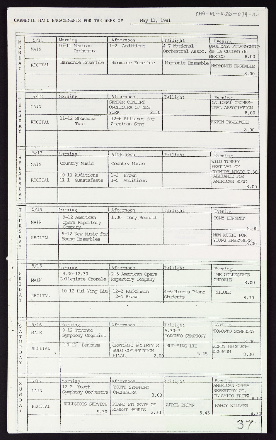 Carnegie Hall Booking Ledger, volume 26, page 74a