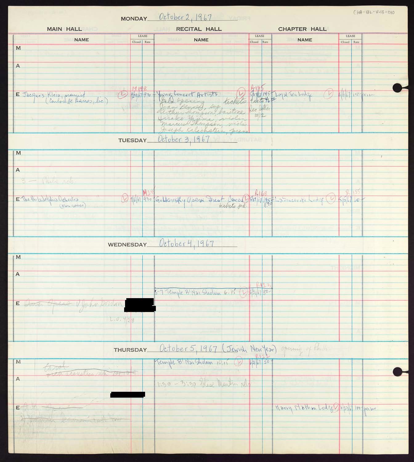 Carnegie Hall Booking Ledger, volume 13, page 10