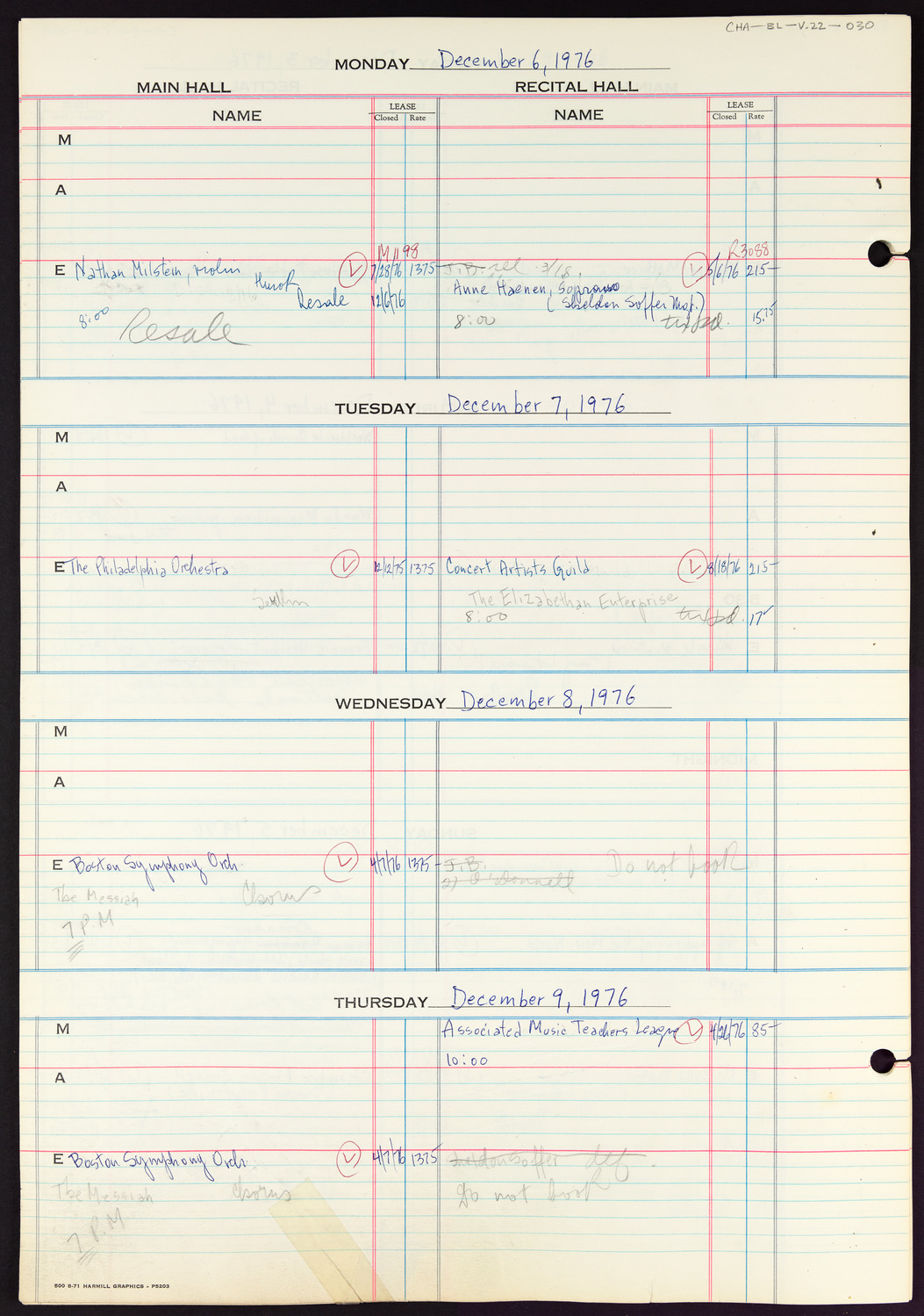 Carnegie Hall Booking Ledger, volume 22, page 30