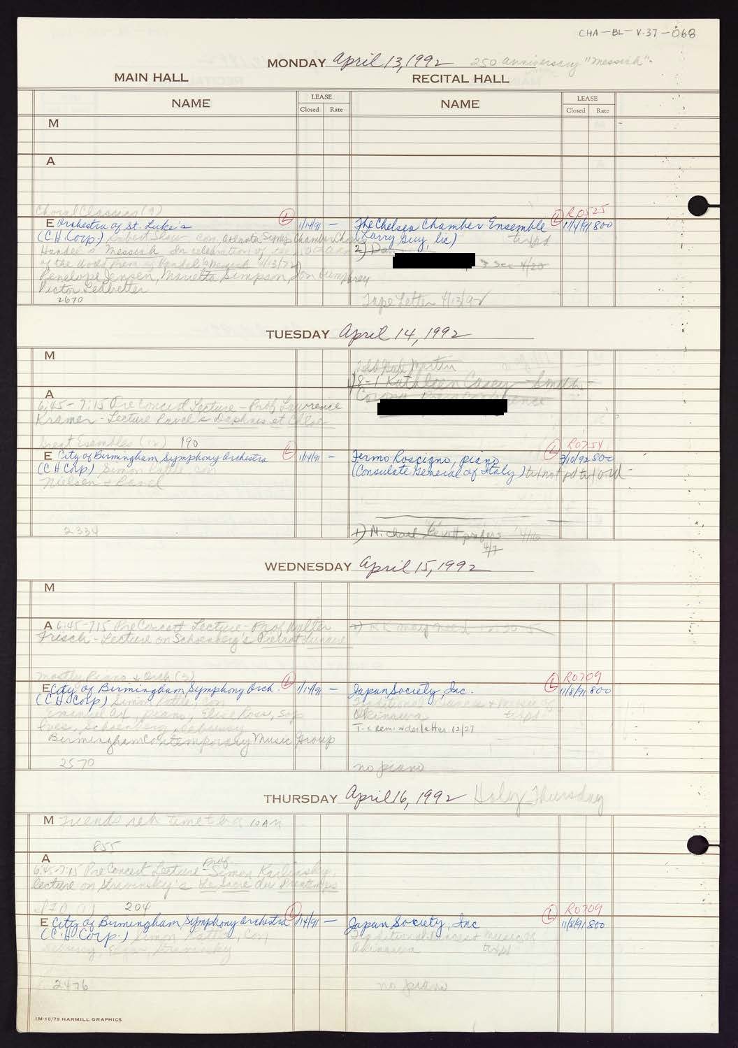 Carnegie Hall Booking Ledger, volume 37, page 68