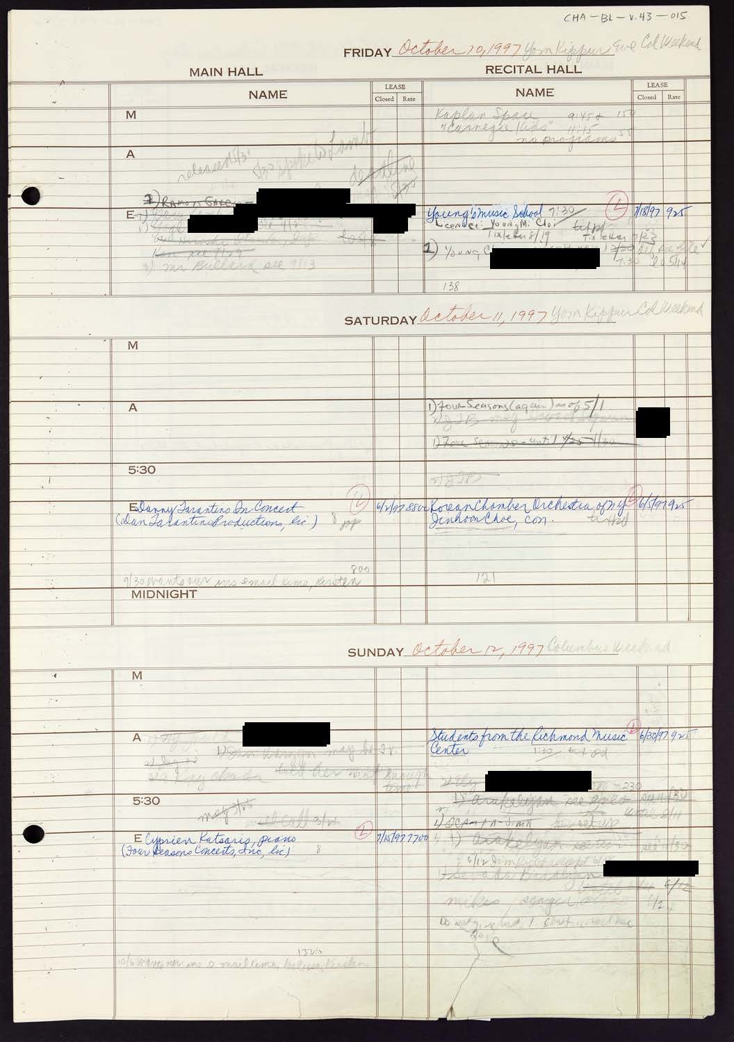 Carnegie Hall Booking Ledger, volume 43, page 15