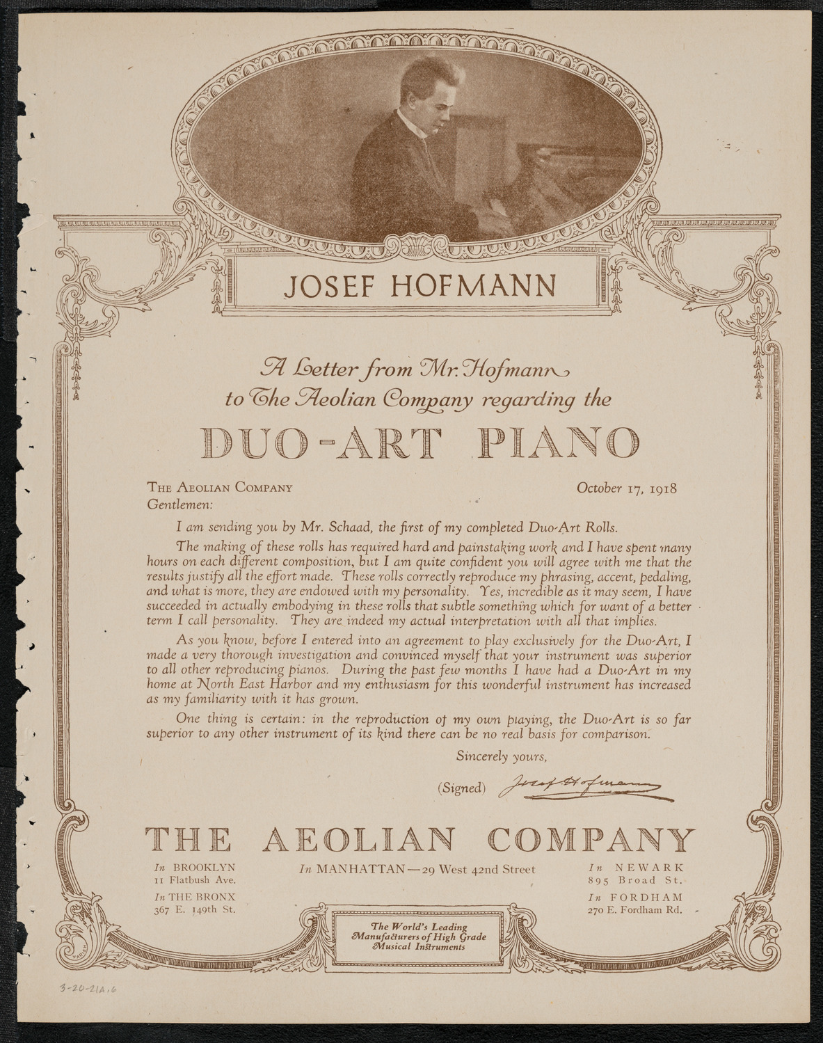 Josef Hofmann, Piano, March 20, 1921, program page 11