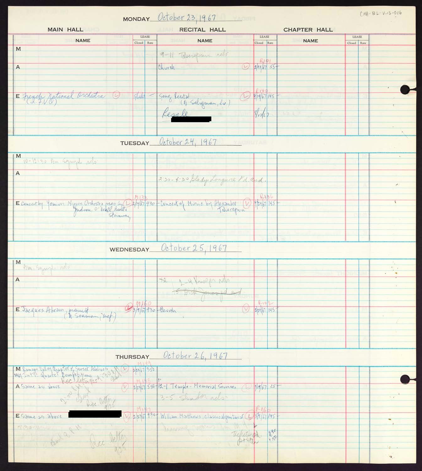 Carnegie Hall Booking Ledger, volume 13, page 16