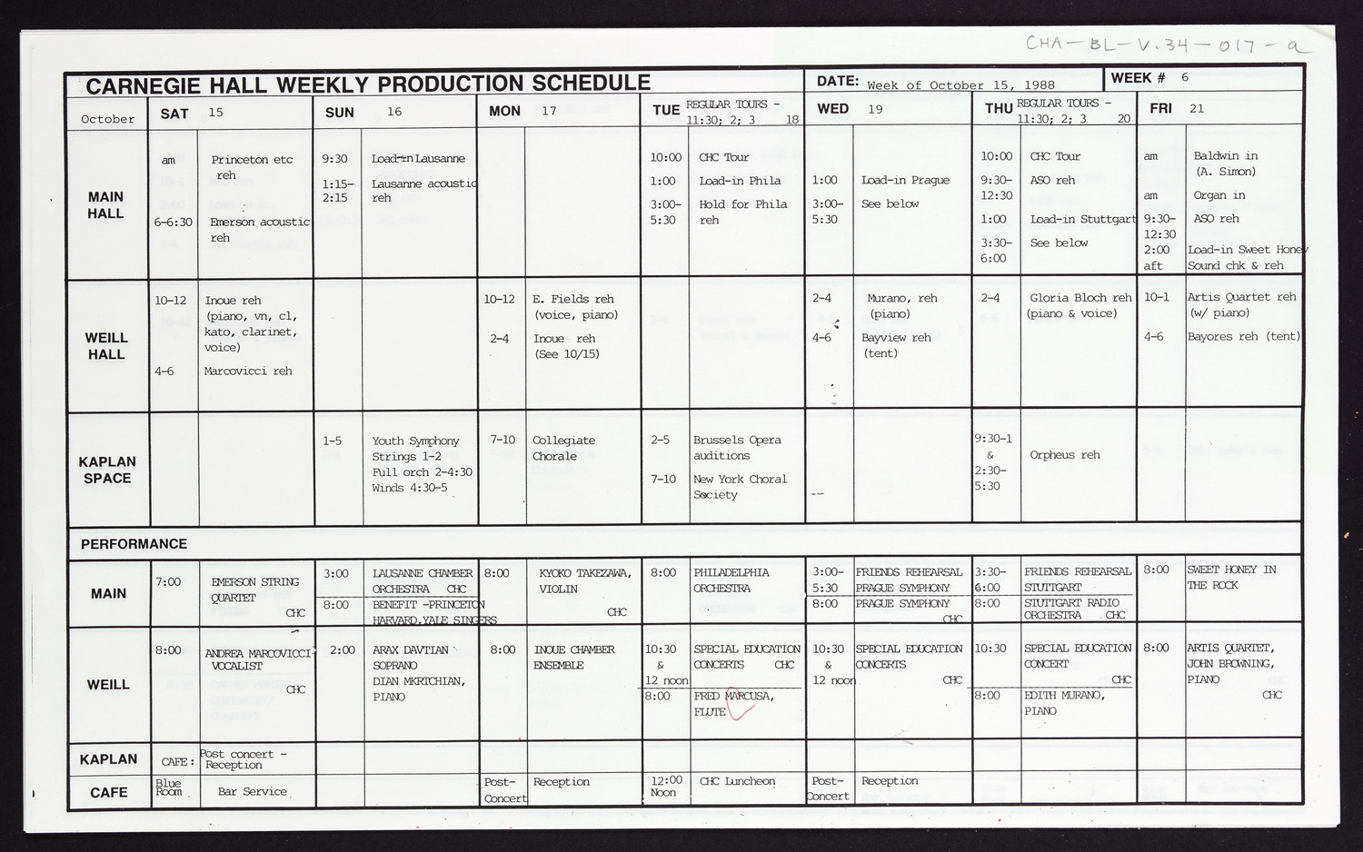 Carnegie Hall Booking Ledger, volume 34, page 17a