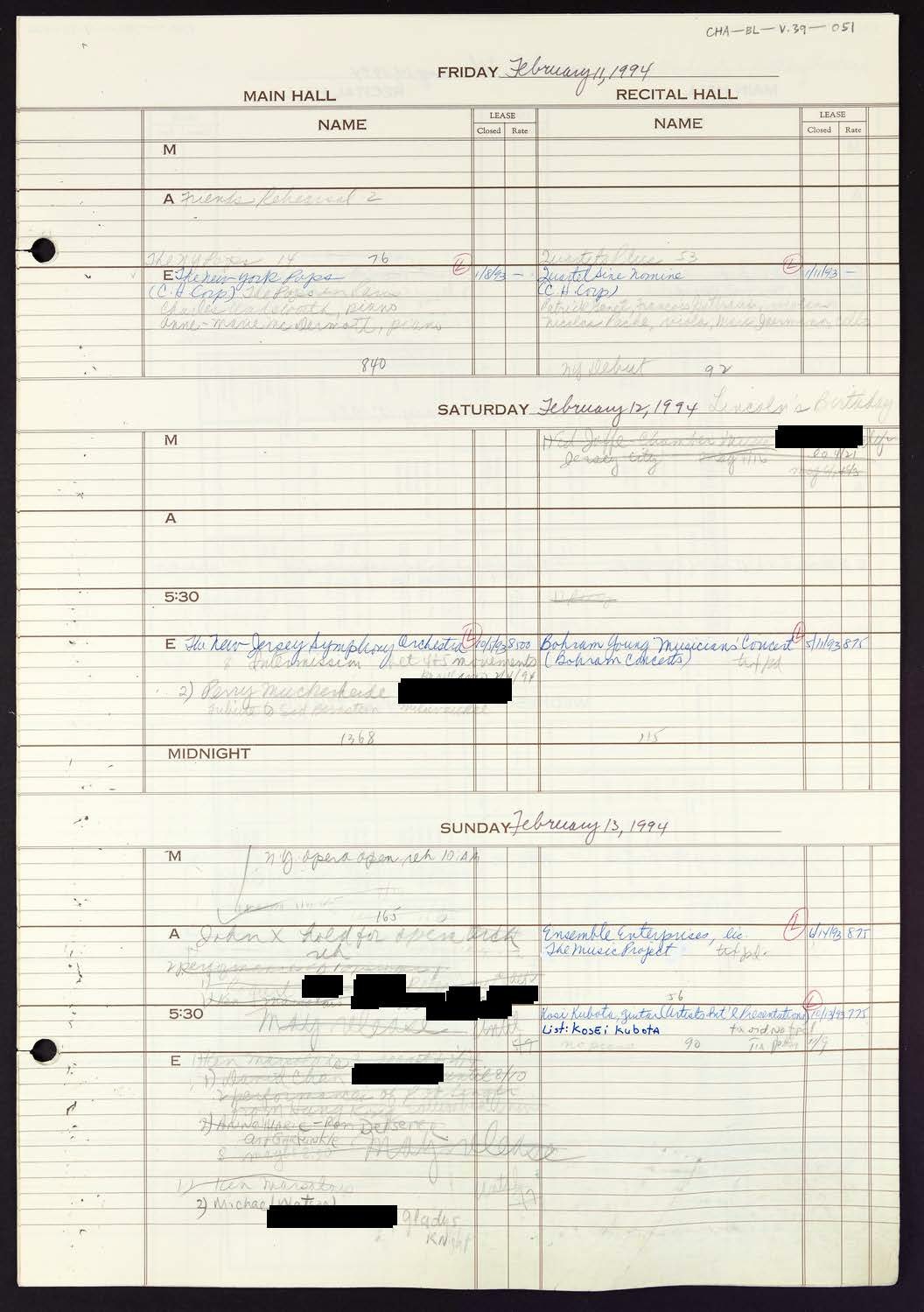 Carnegie Hall Booking Ledger, volume 39, page 51