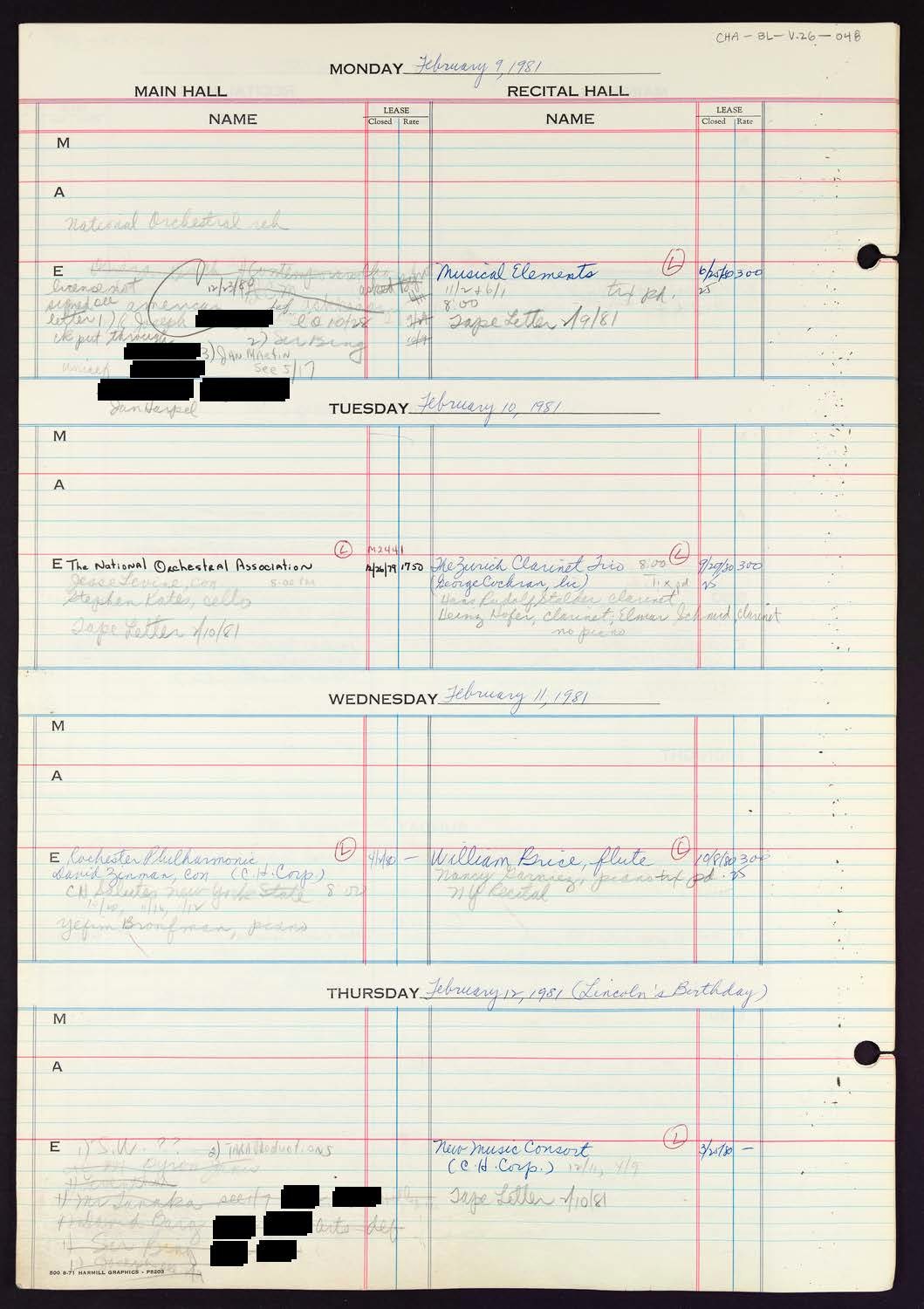 Carnegie Hall Booking Ledger, volume 26, page 48