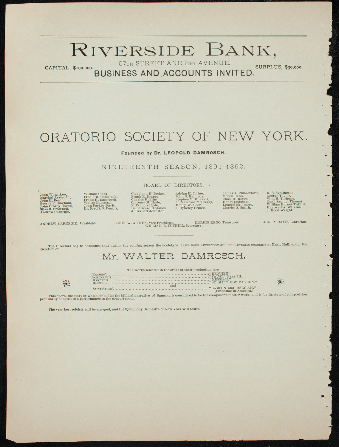 Oratorio Society of New York, November 28, 1891, program page 9