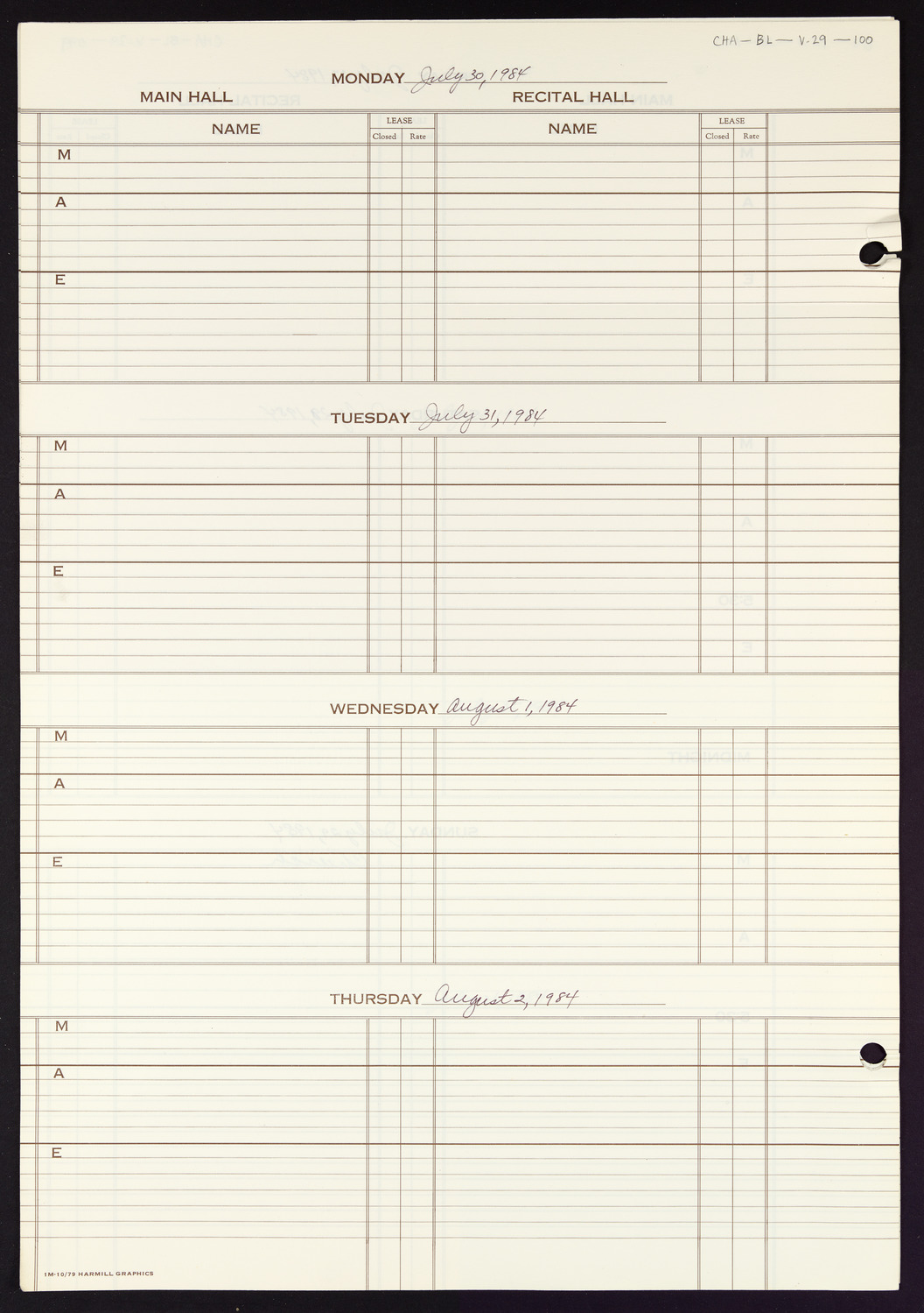 Carnegie Hall Booking Ledger, volume 29, page 100