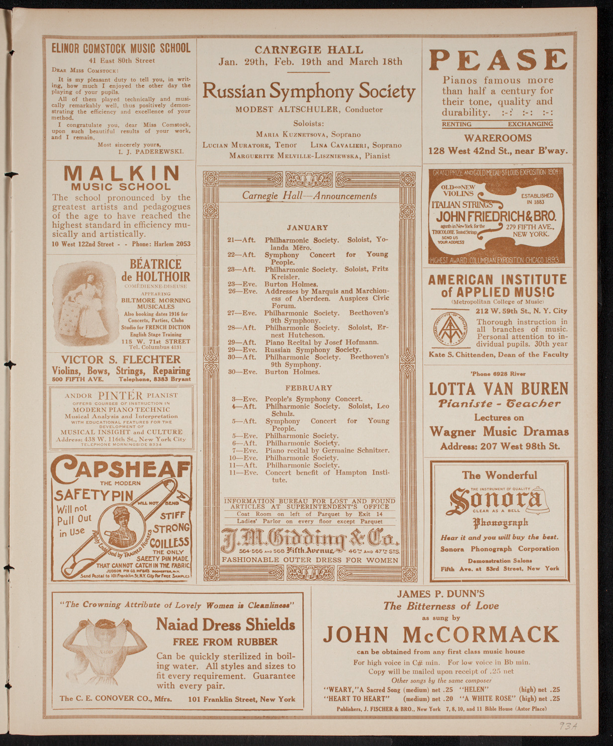 New York Philharmonic, January 20, 1916, program page 3