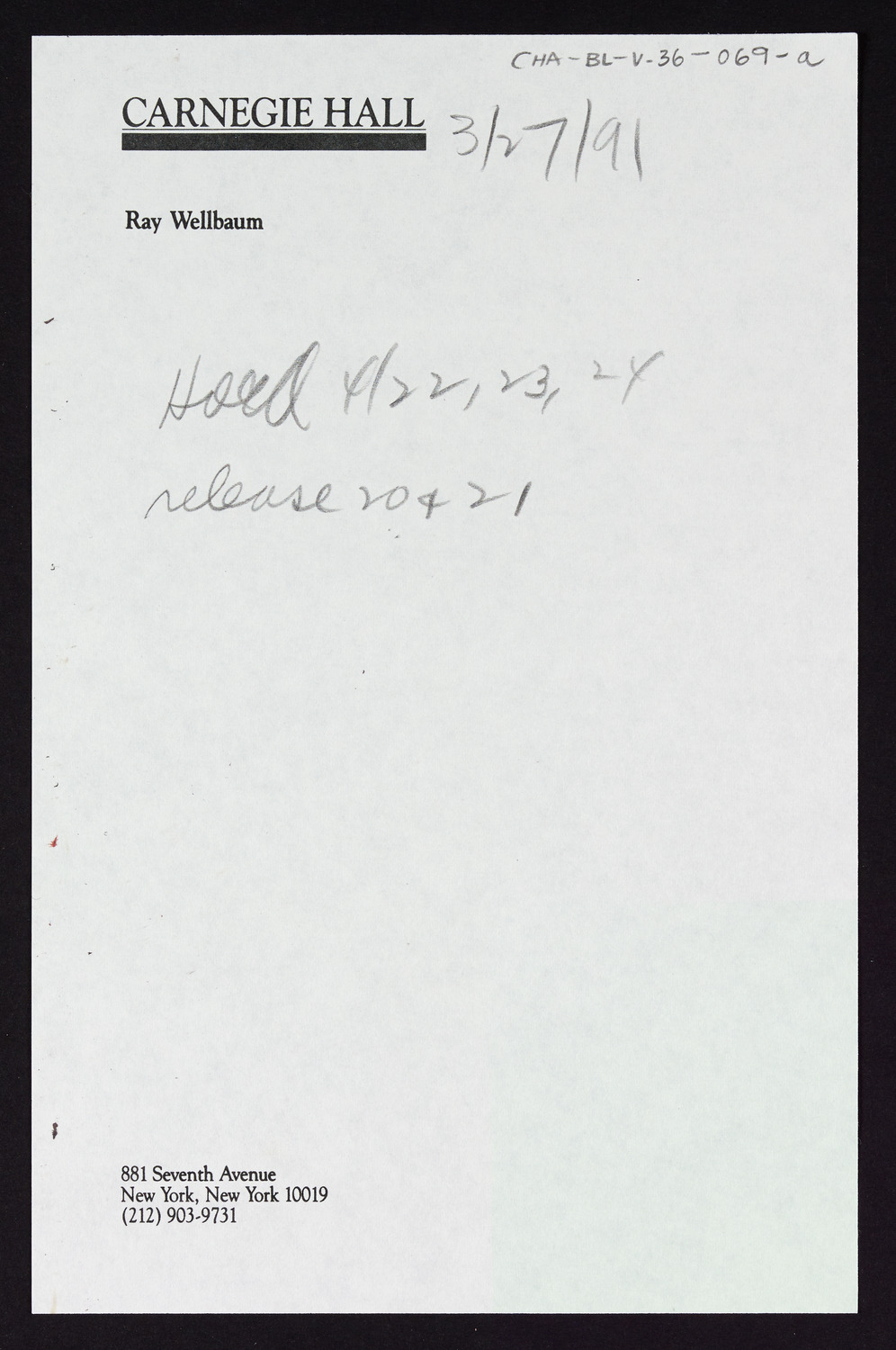 Carnegie Hall Booking Ledger, volume 36, page 69a