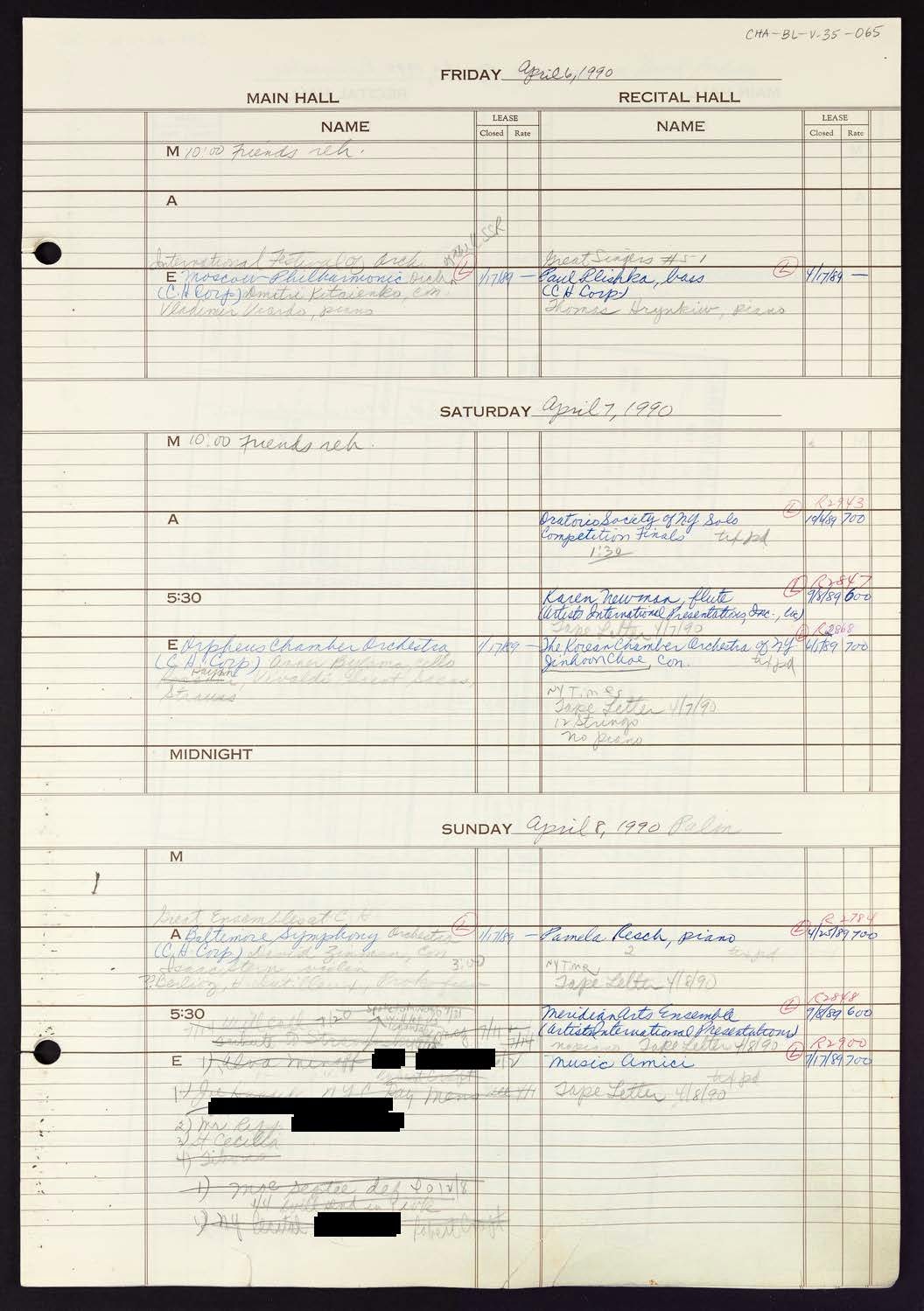 Carnegie Hall Booking Ledger, volume 35, page 65