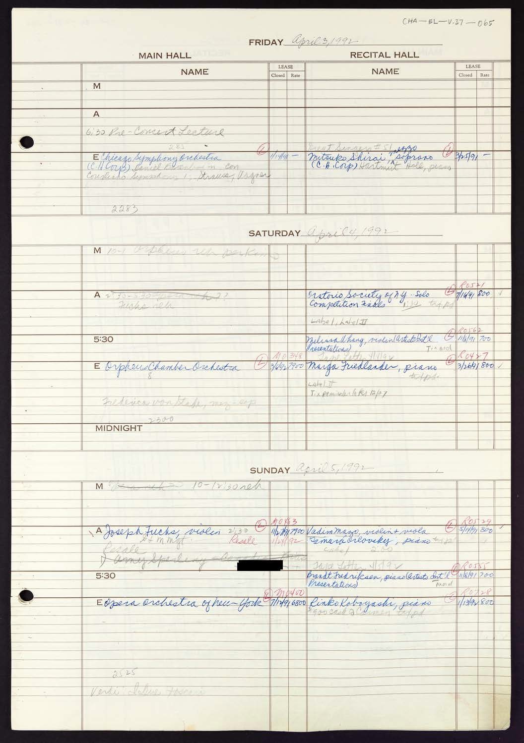 Carnegie Hall Booking Ledger, volume 37, page 65