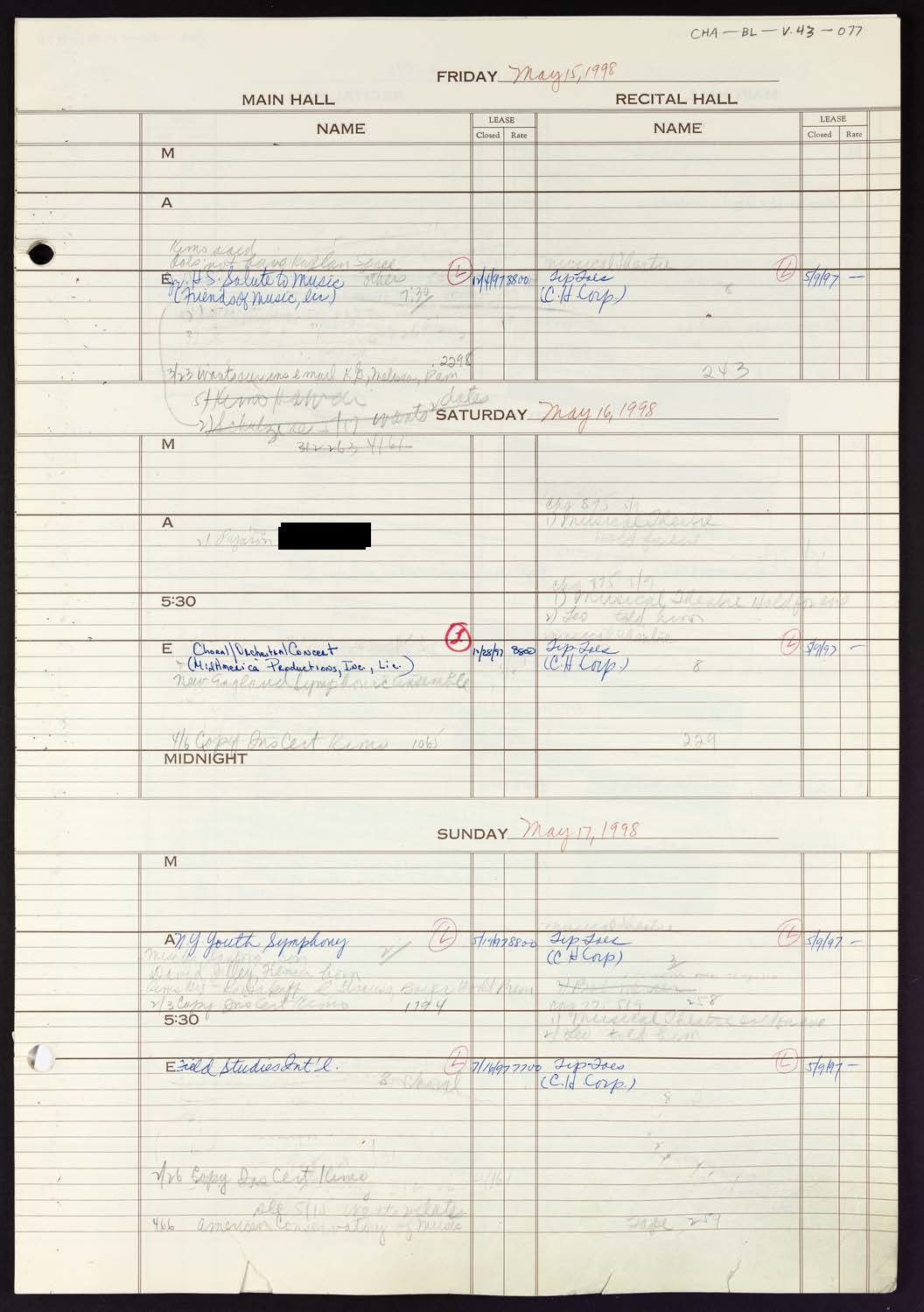 Carnegie Hall Booking Ledger, volume 43, page 77