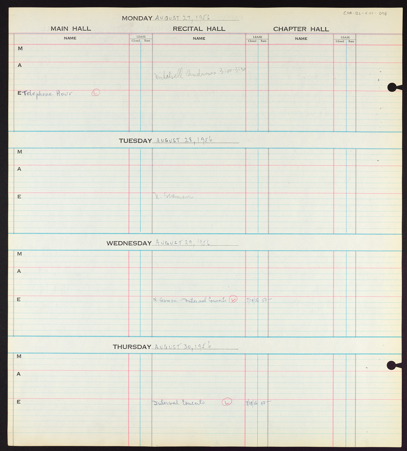 Carnegie Hall Booking Ledger, volume 1, page 98