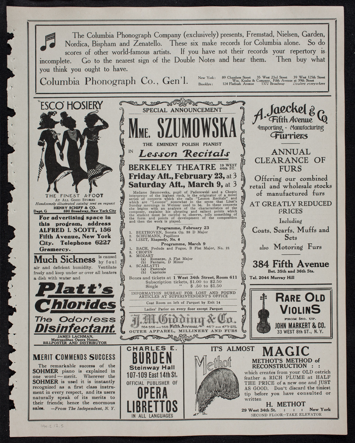 Cantor Sirota with Choir of Fifty, February 14, 1912, program page 9