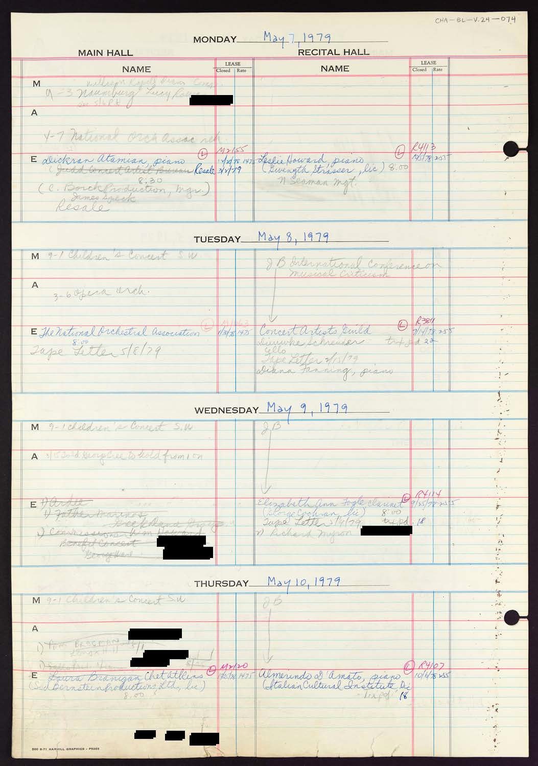 Carnegie Hall Booking Ledger, volume 24, page 74