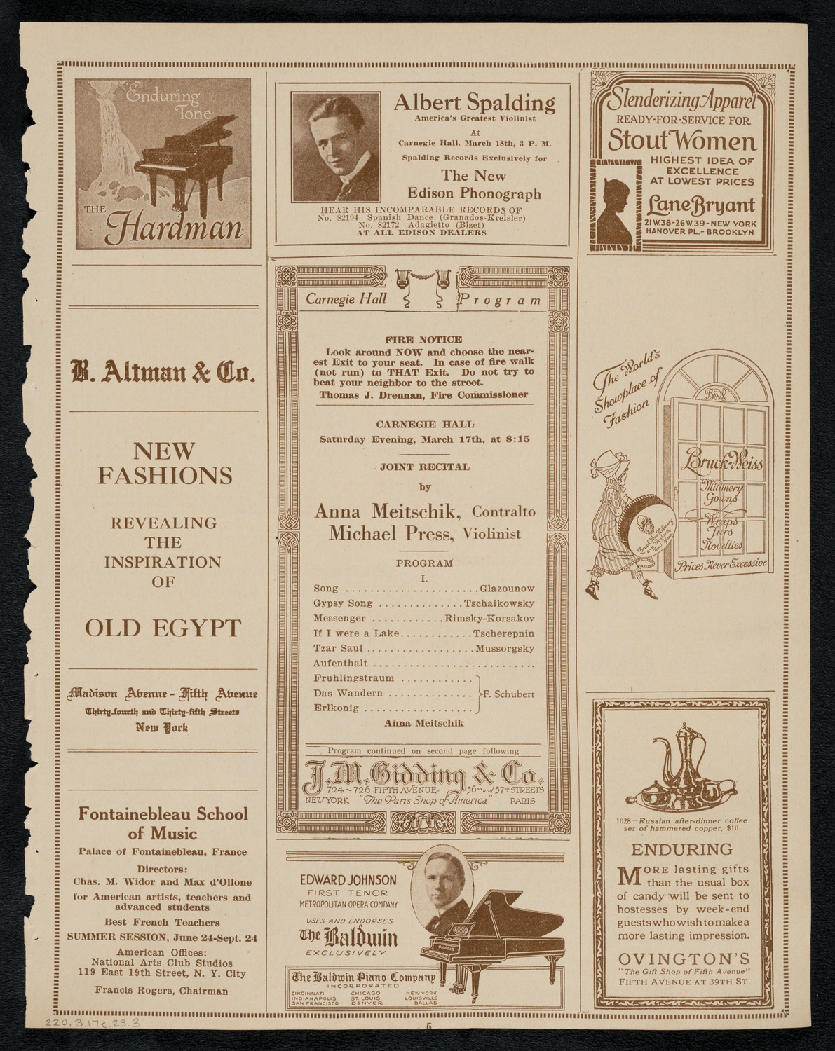 Anna Meitschik, Contralto, and Michael Press, Violin, March 17, 1923, program page 5