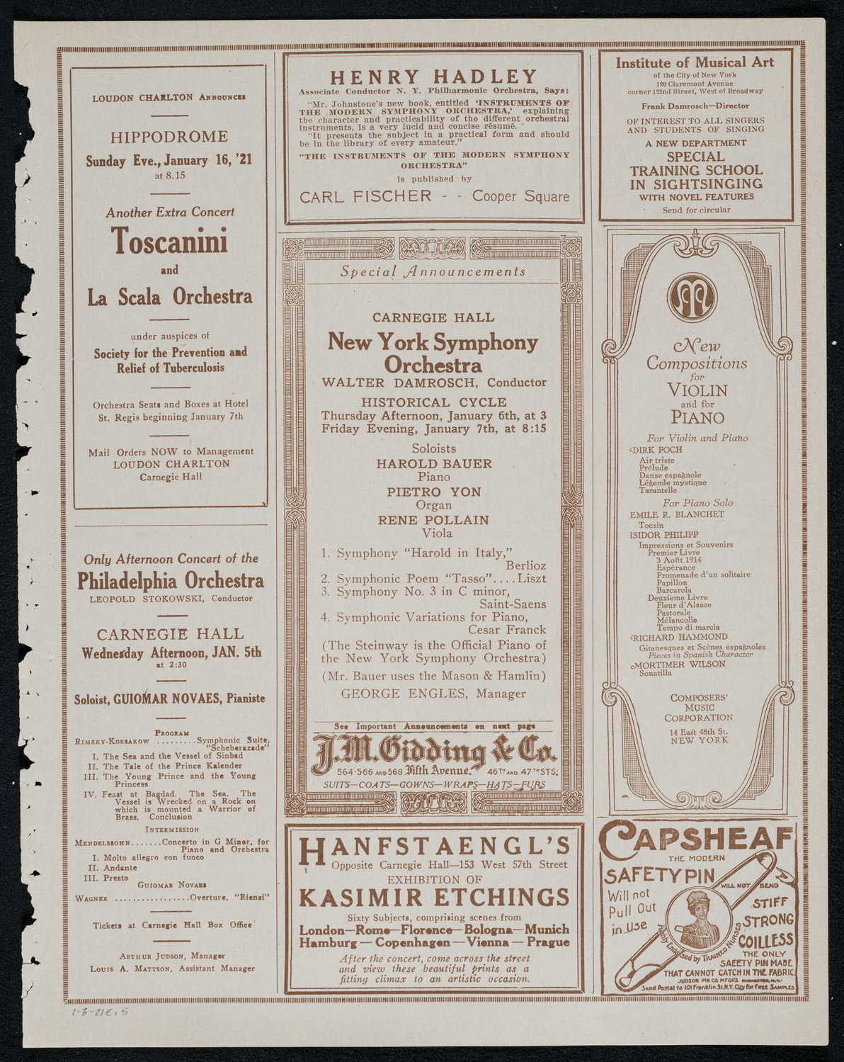 La Scala Orchestra, January 3, 1921, program page 9