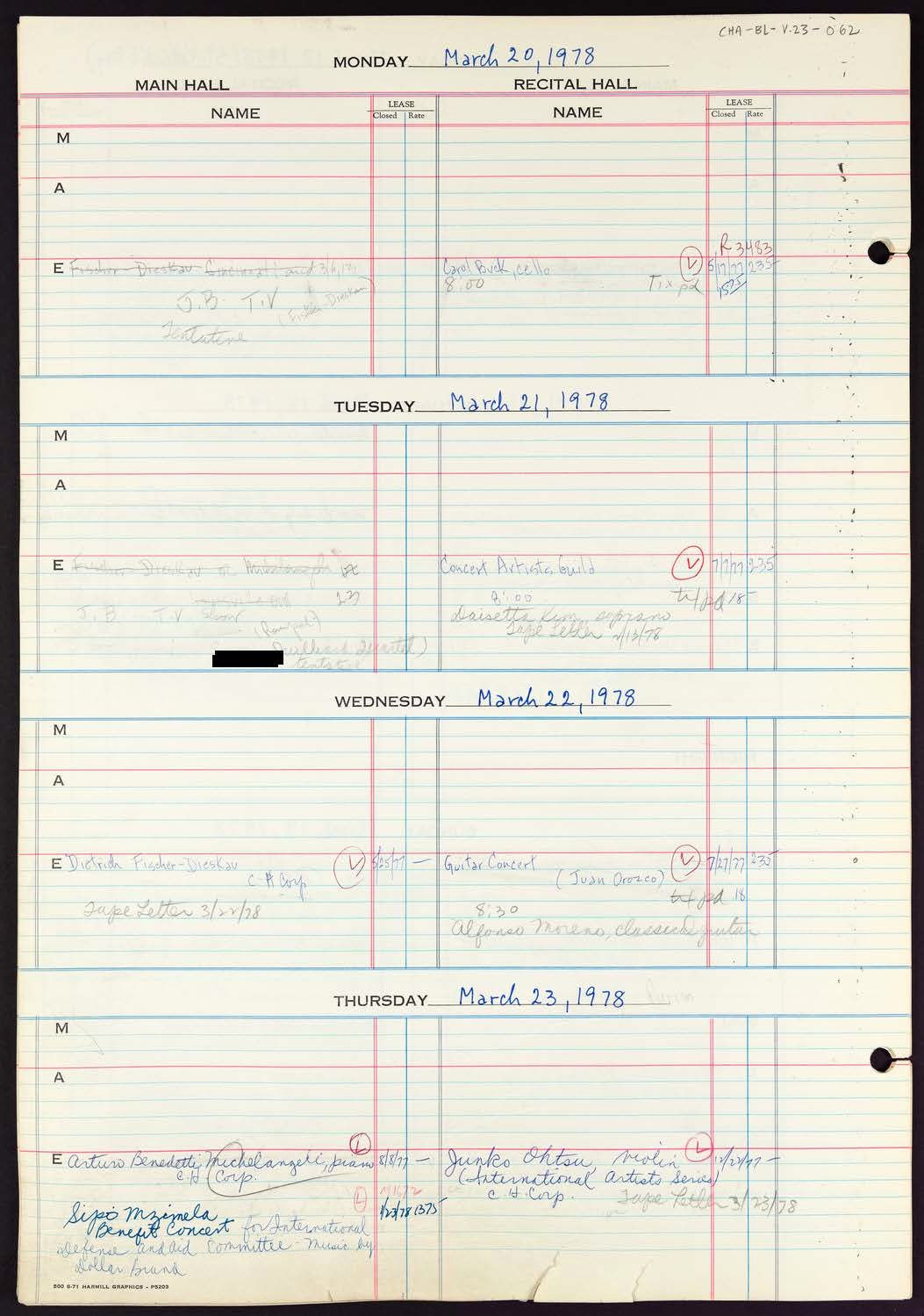 Carnegie Hall Booking Ledger, volume 23, page 62