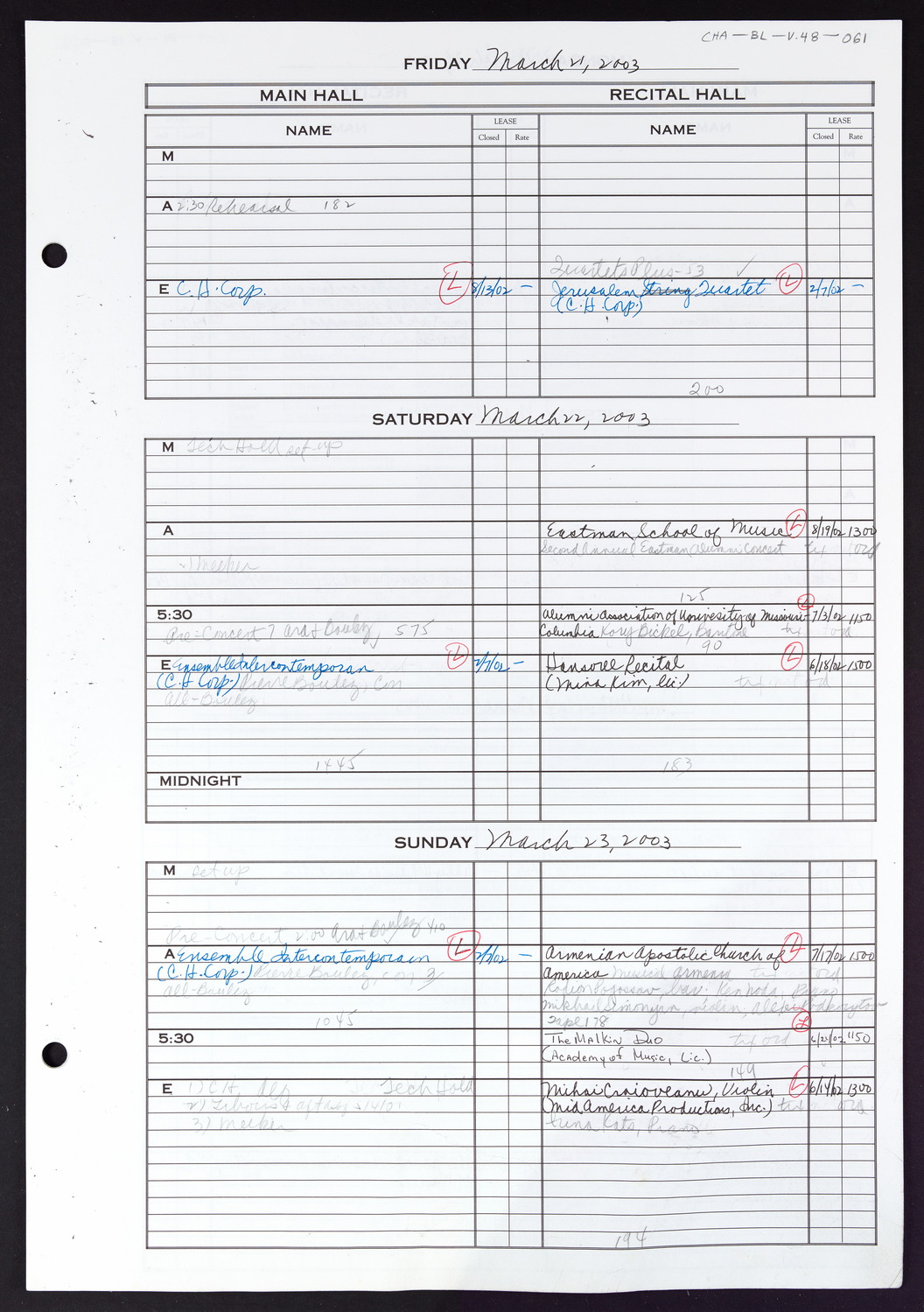 Carnegie Hall Booking Ledger, volume 48, page 61