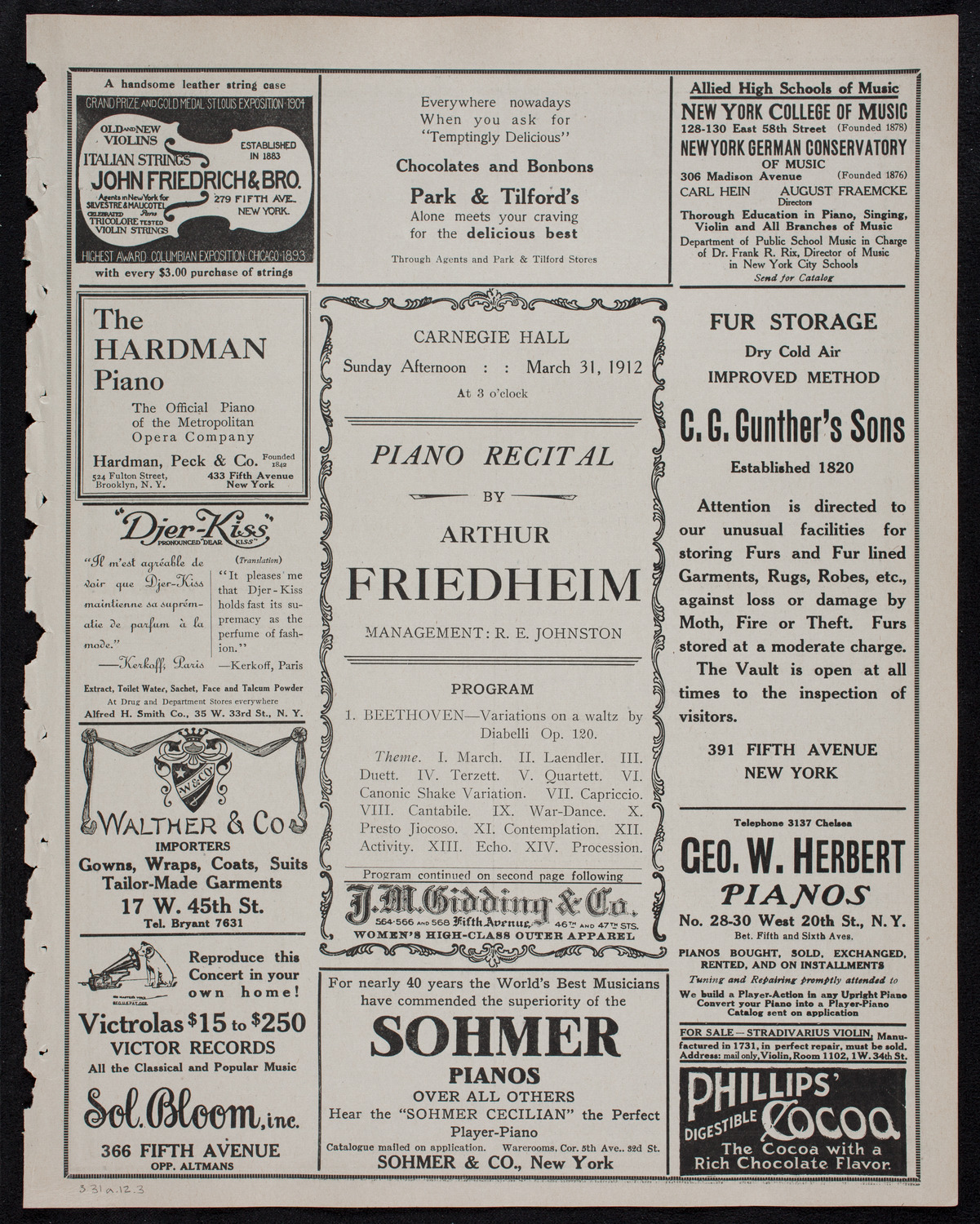 Arthur Friedheim, Piano, March 31, 1912, program page 5