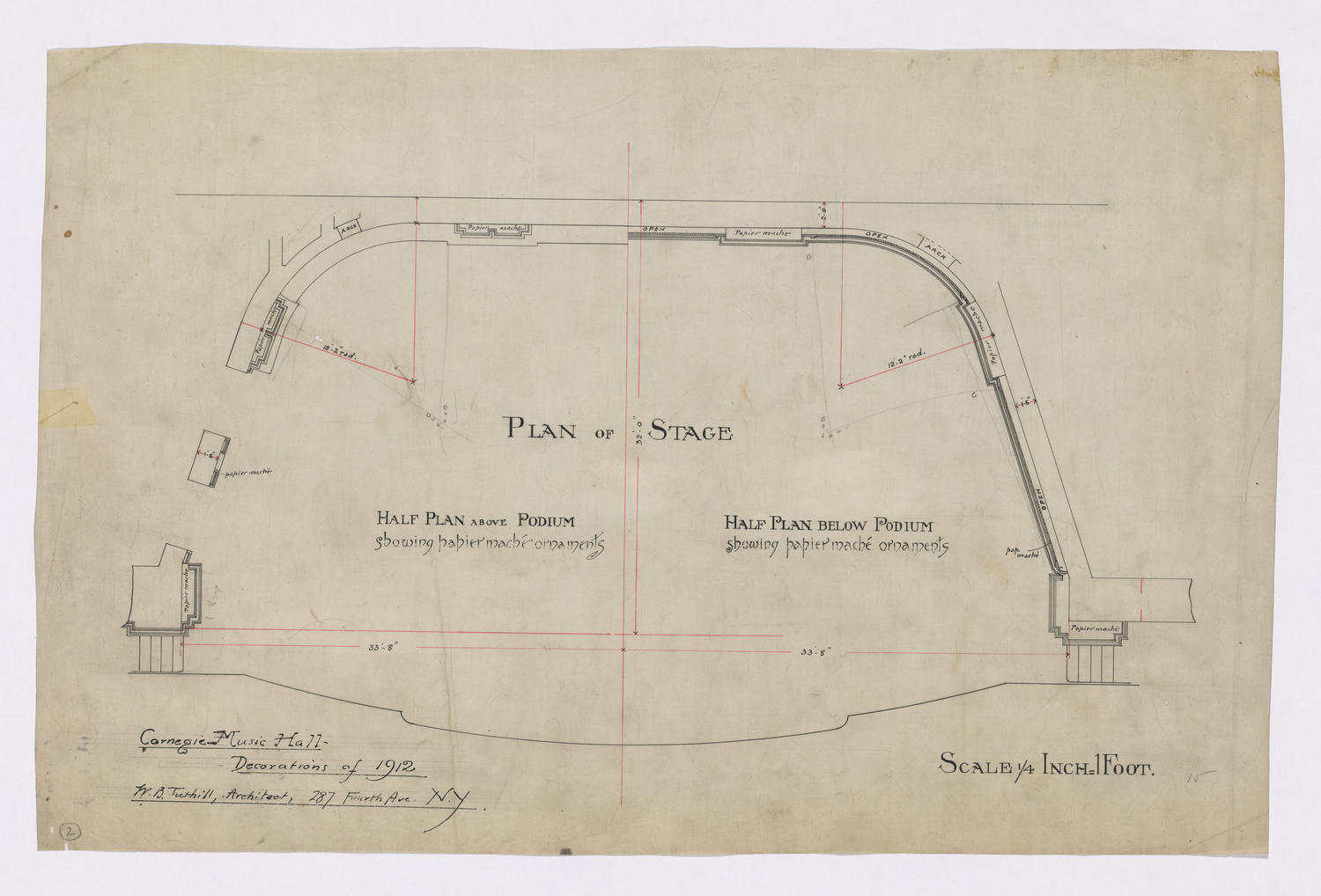 Plan of stage & Half plan above podium & Half plan below podium showing papier mache ornaments, 1912