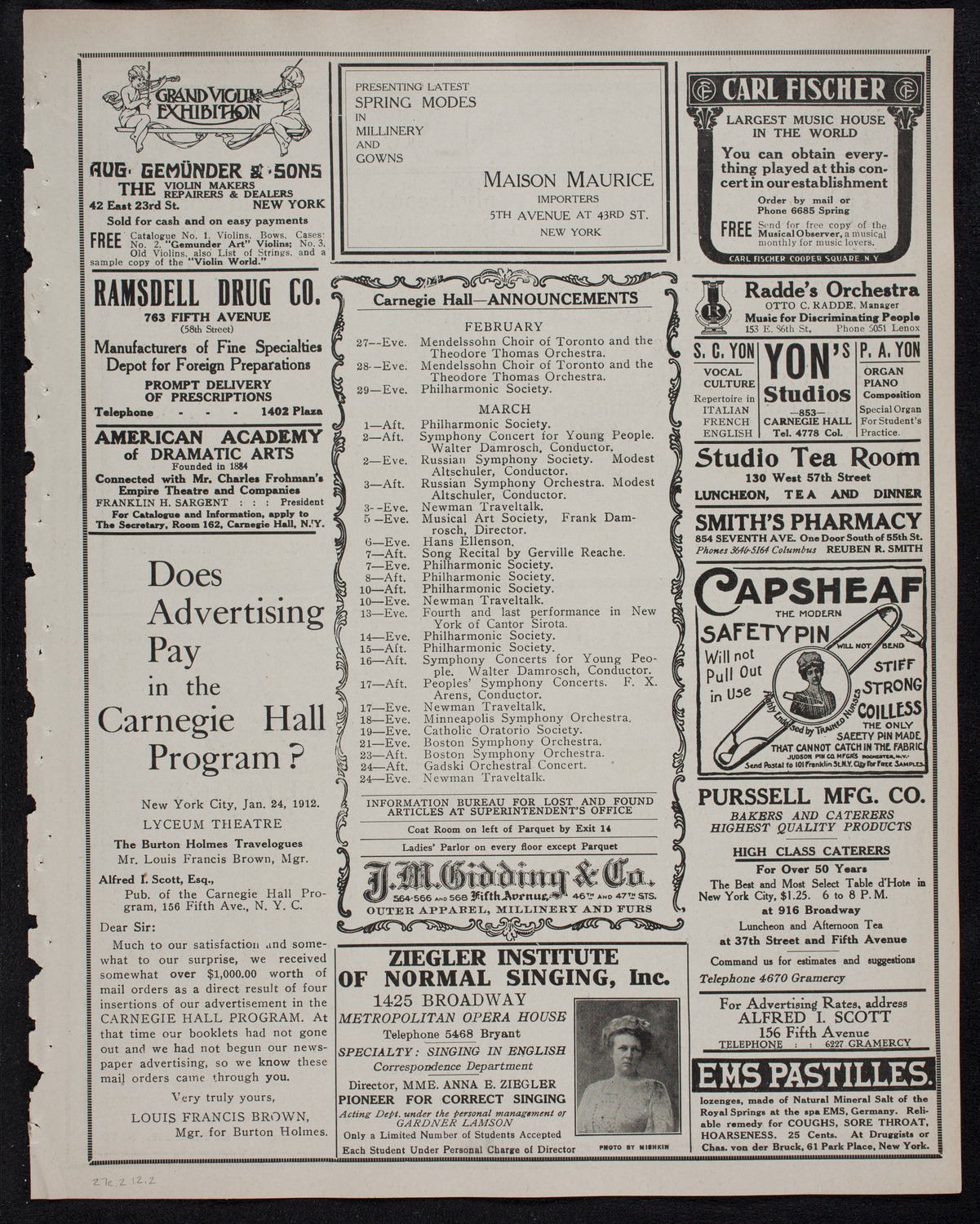 Mendelssohn Choir of Toronto with the Theodore Thomas Orchestra, February 27, 1912, program page 3