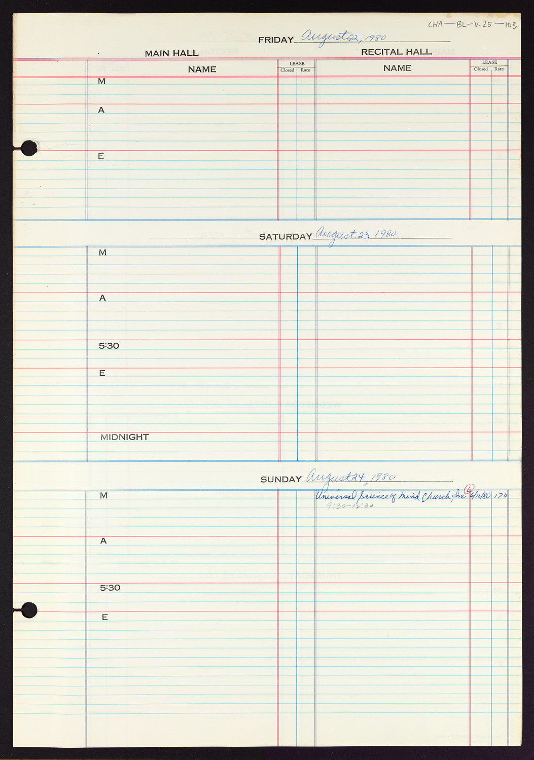 Carnegie Hall Booking Ledger, volume 25, page 103