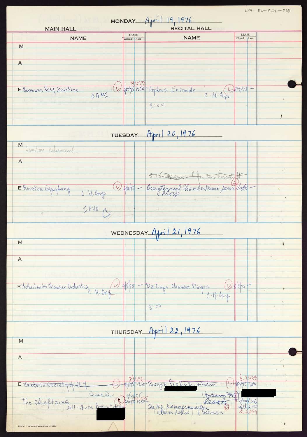 Carnegie Hall Booking Ledger, volume 21, page 68