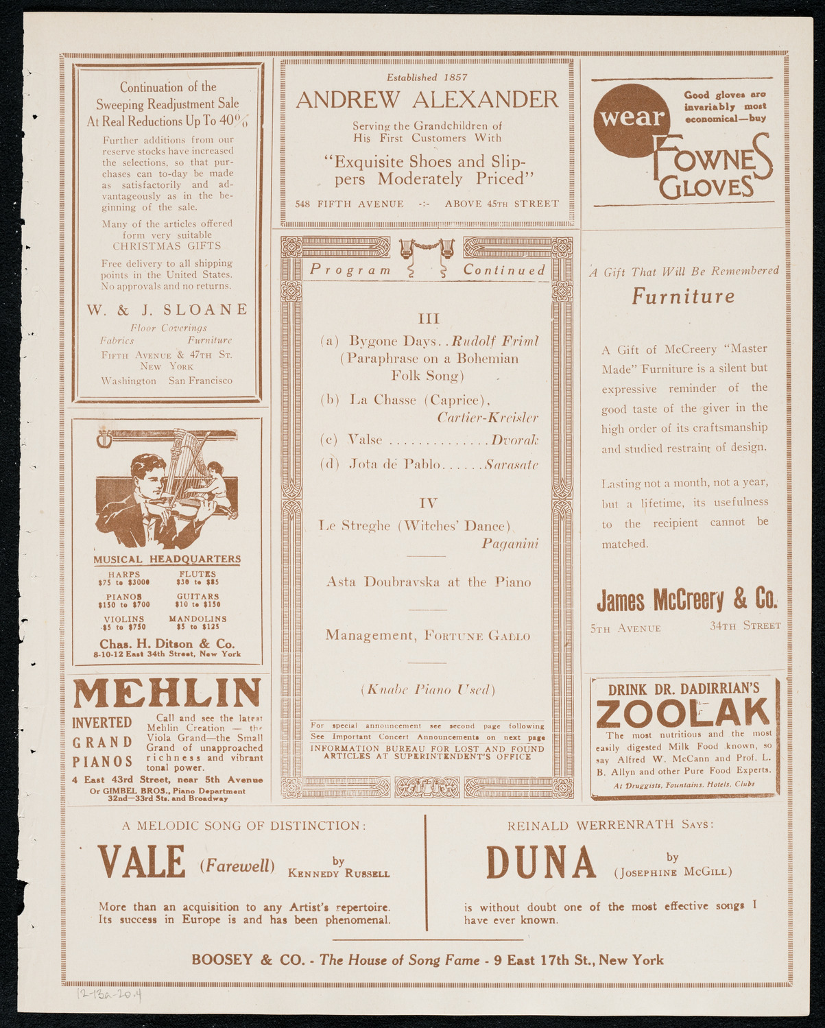Váša Príhoda, Violin, December 13, 1920, program page 7