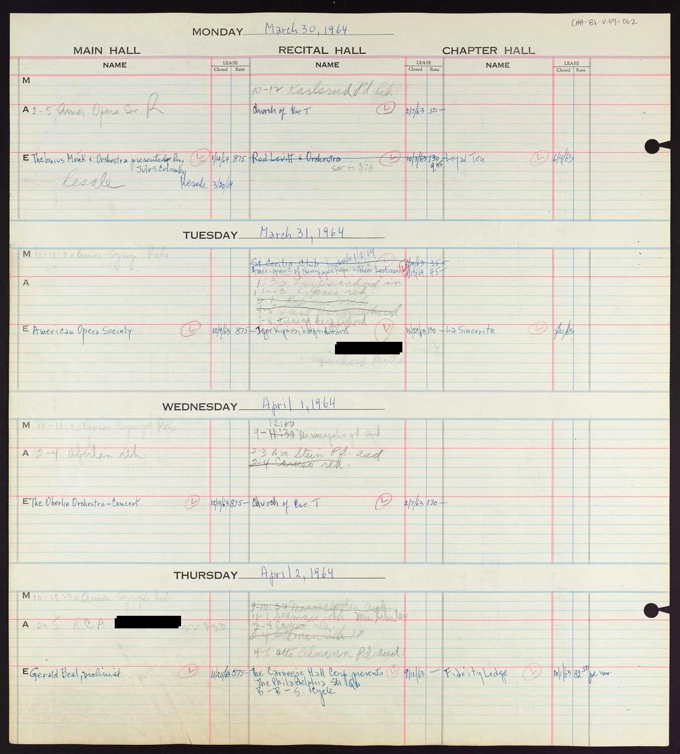 Carnegie Hall Booking Ledger, volume 9, page 62