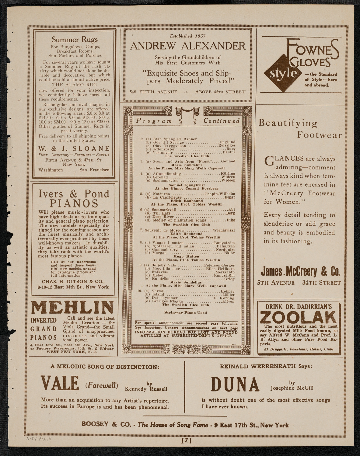 Swedish Glee Club of Brooklyn, April 24, 1921, program page 7