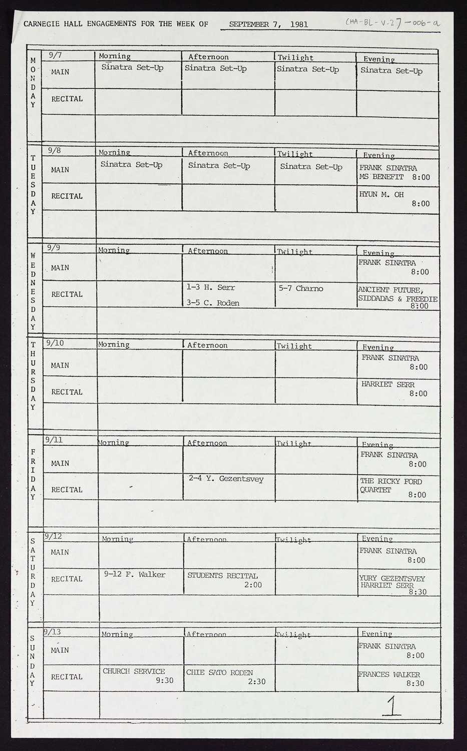 Carnegie Hall Booking Ledger, volume 27, page 6a