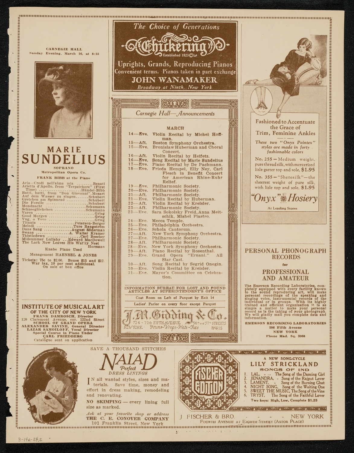 Elena Gerhardt, Soprano and Erna Rubinstein, March 14, 1924, program page 3