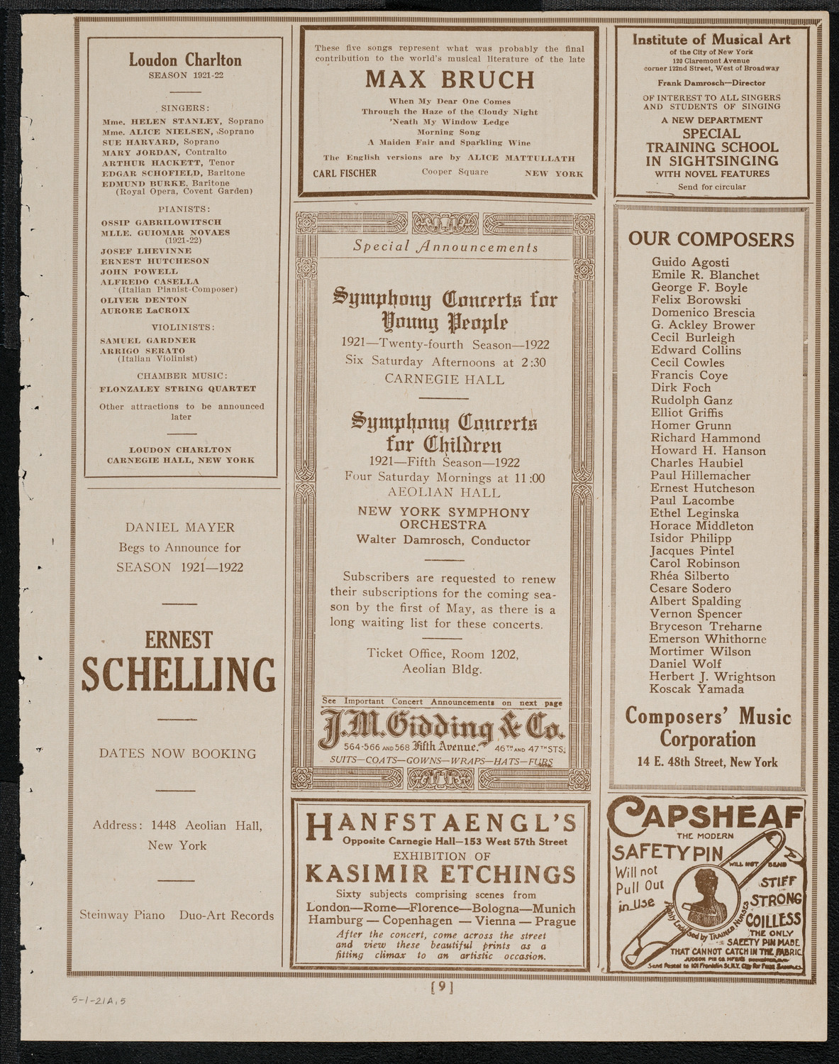 Joseph Schwarz, Baritone, Max Rosen, Violin, and Sara Sokolsky-Freid, Piano, May 1, 1921, program page 9