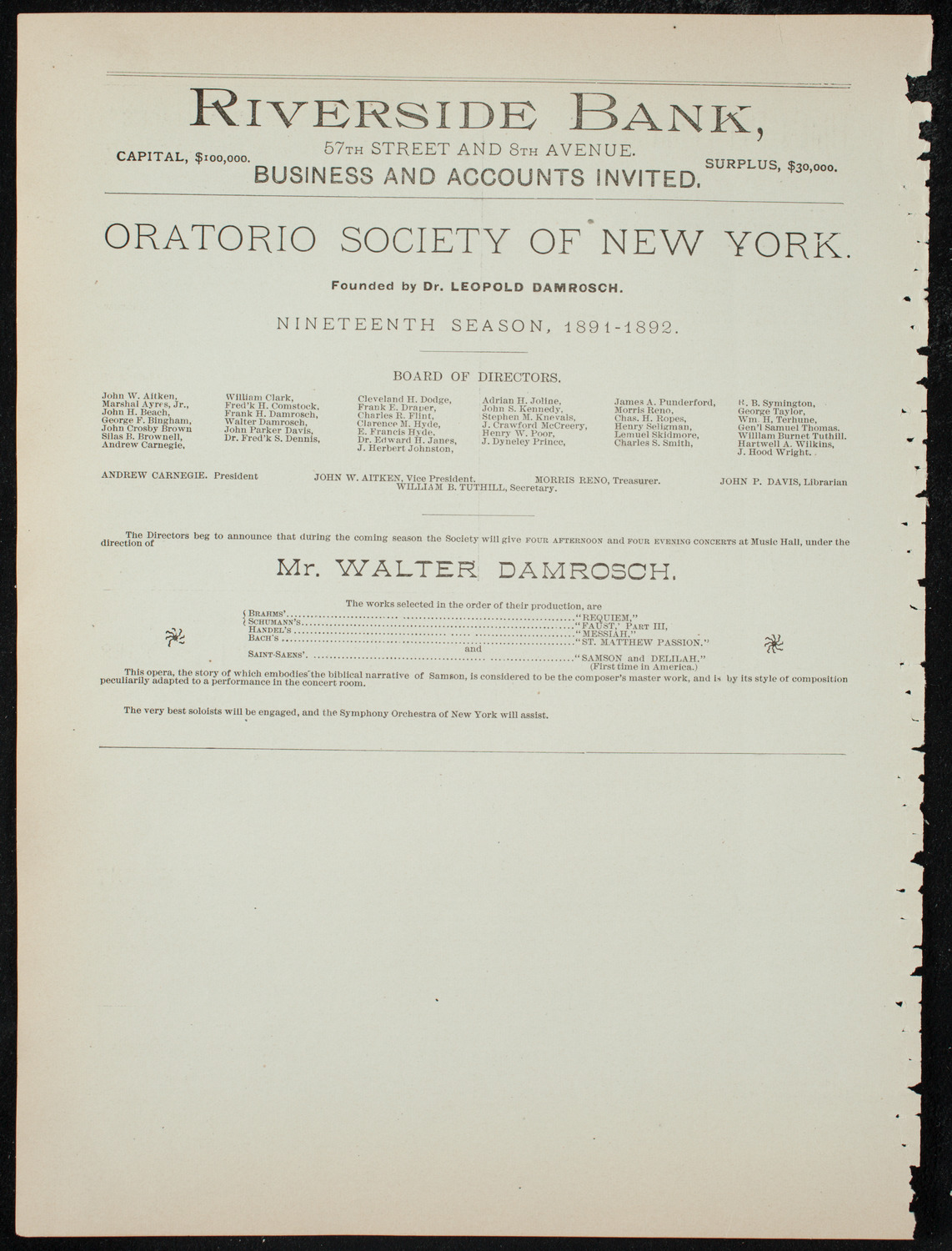 Damrosch Sunday Concert, December 20, 1891, program page 8