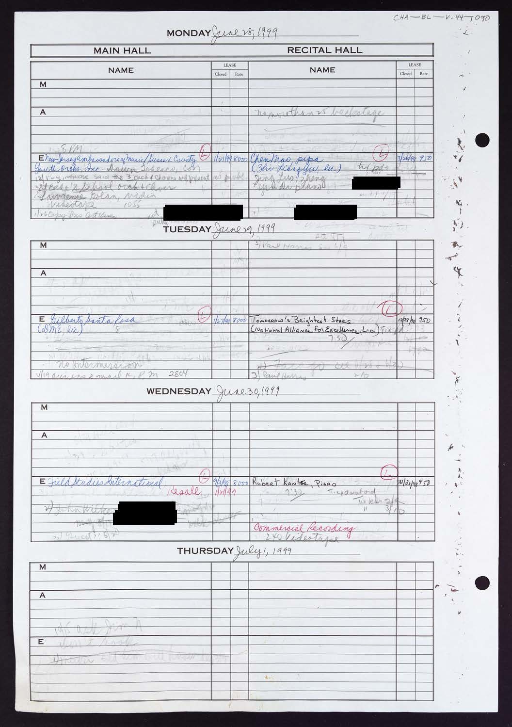 Carnegie Hall Booking Ledger, volume 44, page 90