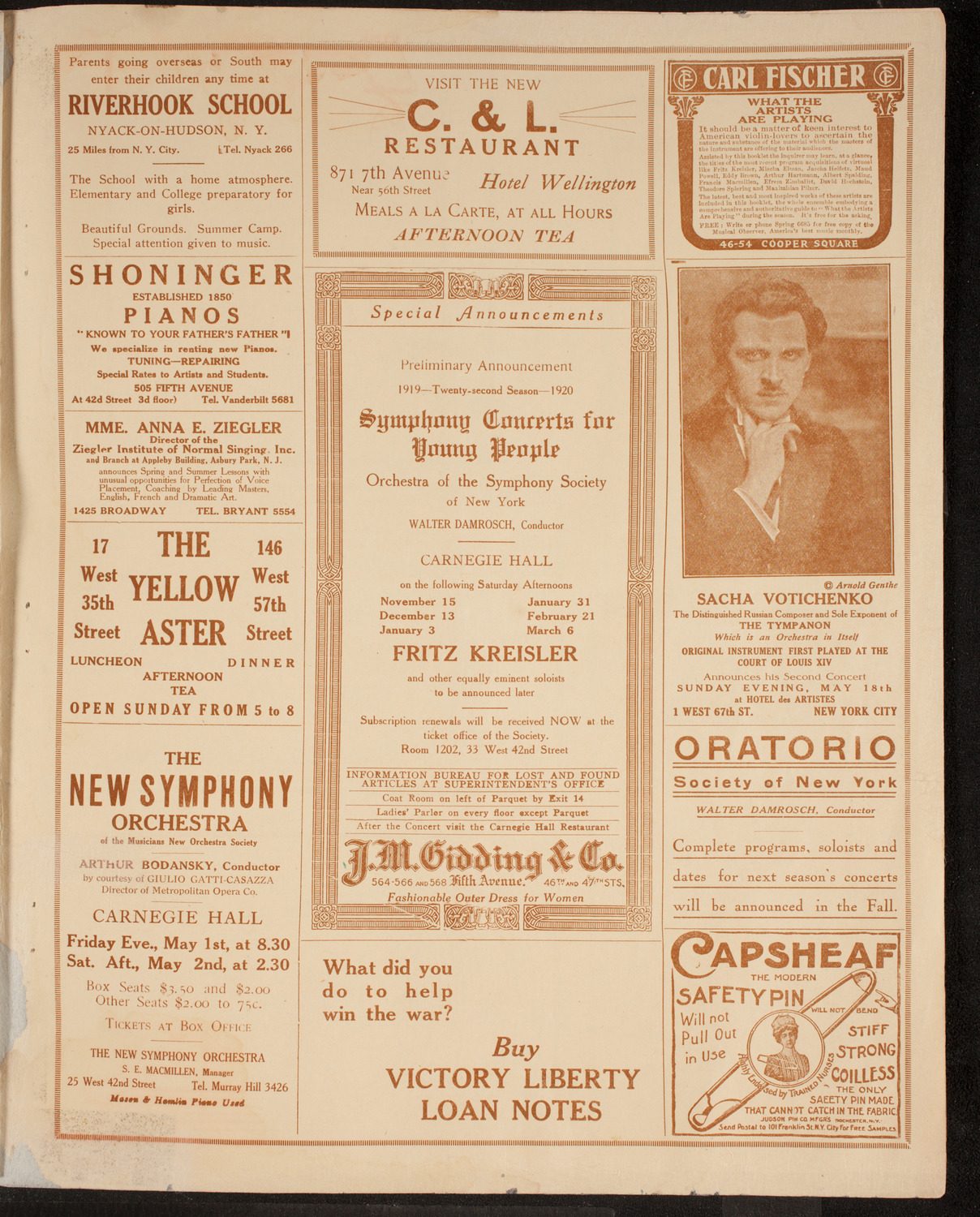 New Symphony Orchestra, May 2, 1919, program page 9