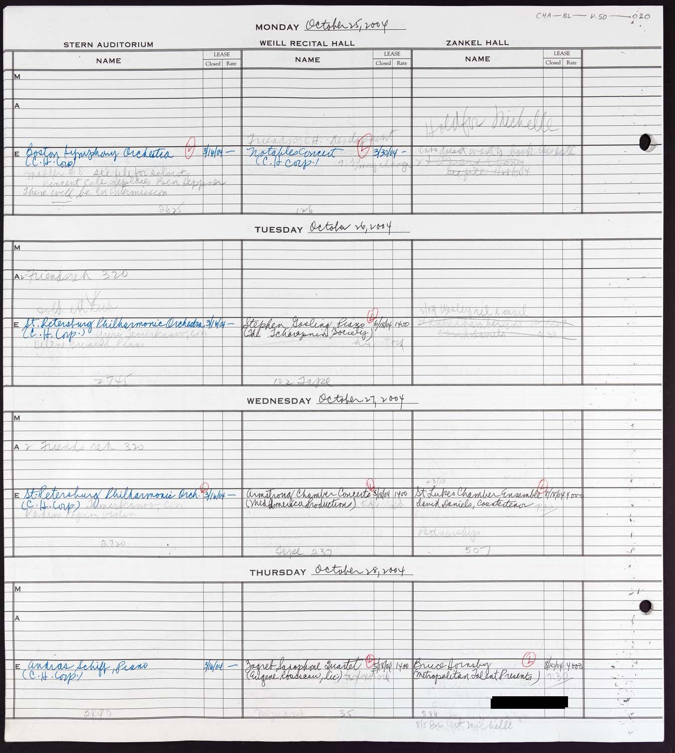 Carnegie Hall Booking Ledger, volume 50, page 20