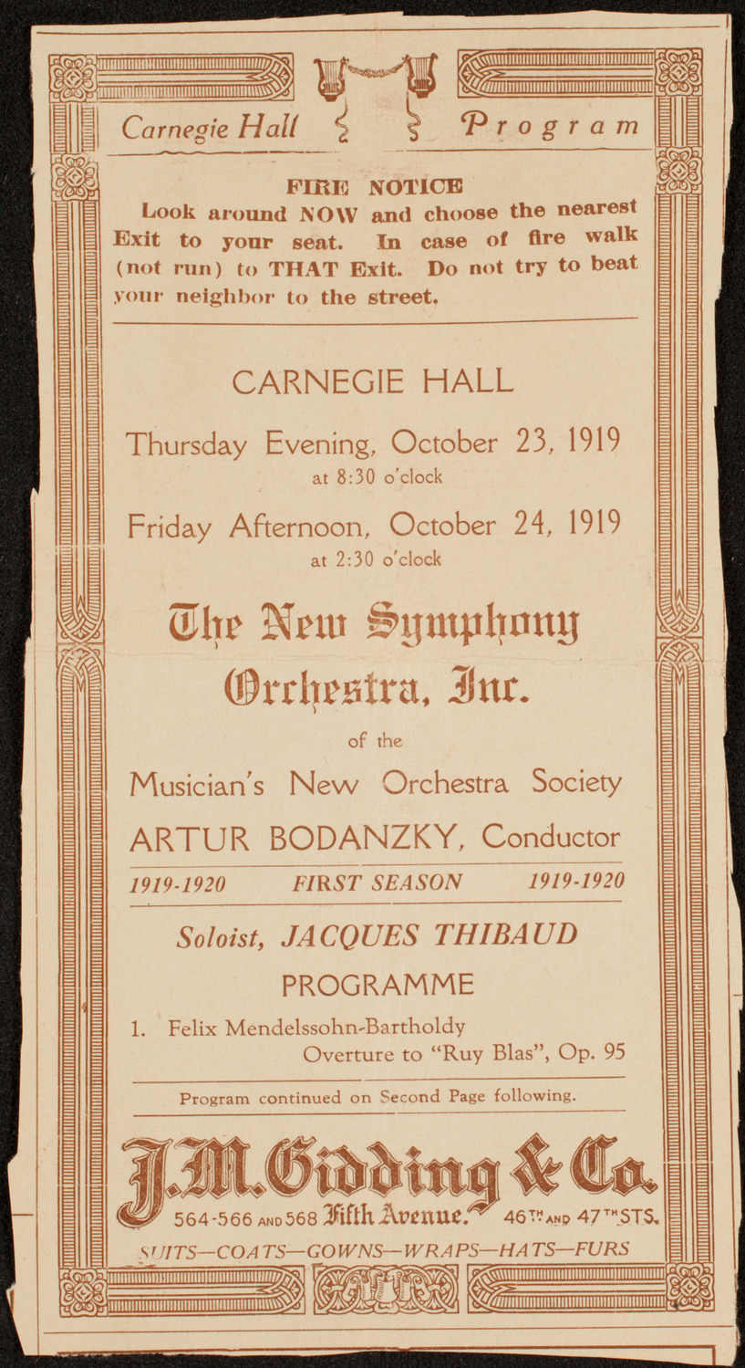 New Symphony Orchestra, October 23, 1919, program page 3