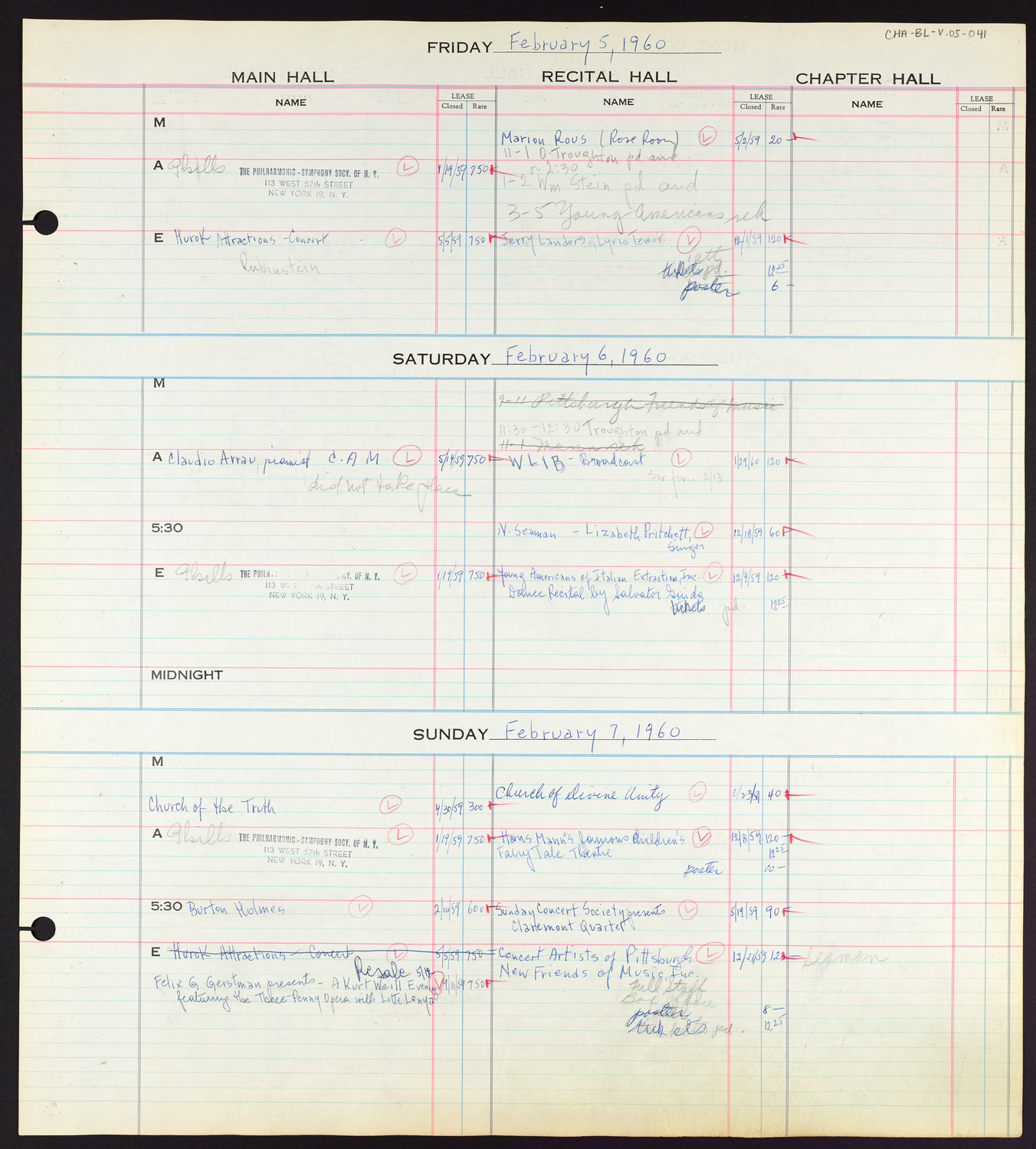 Carnegie Hall Booking Ledger, volume 5, page 41