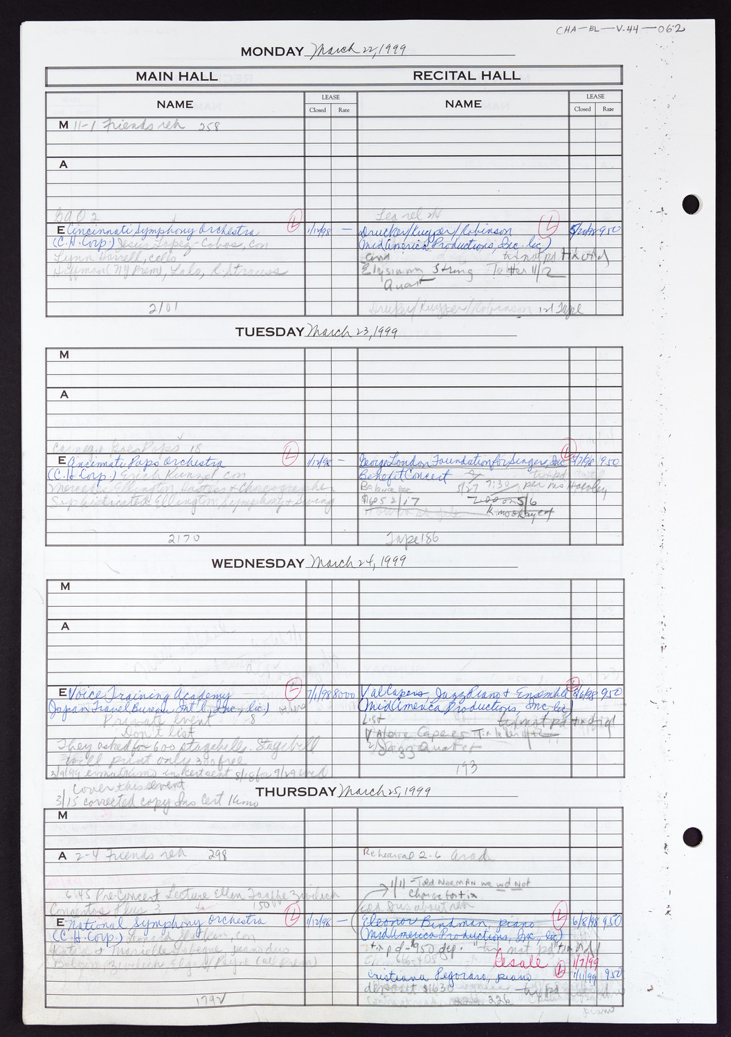 Carnegie Hall Booking Ledger, volume 44, page 62