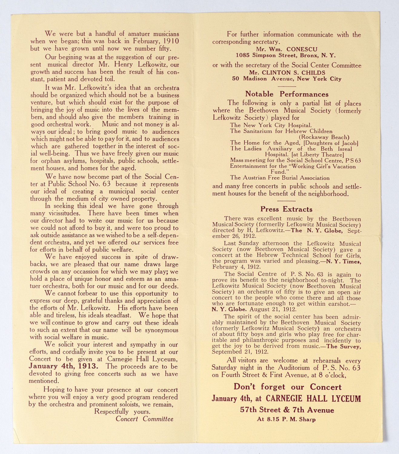 Beethoven Musical Society, January 4, 1913