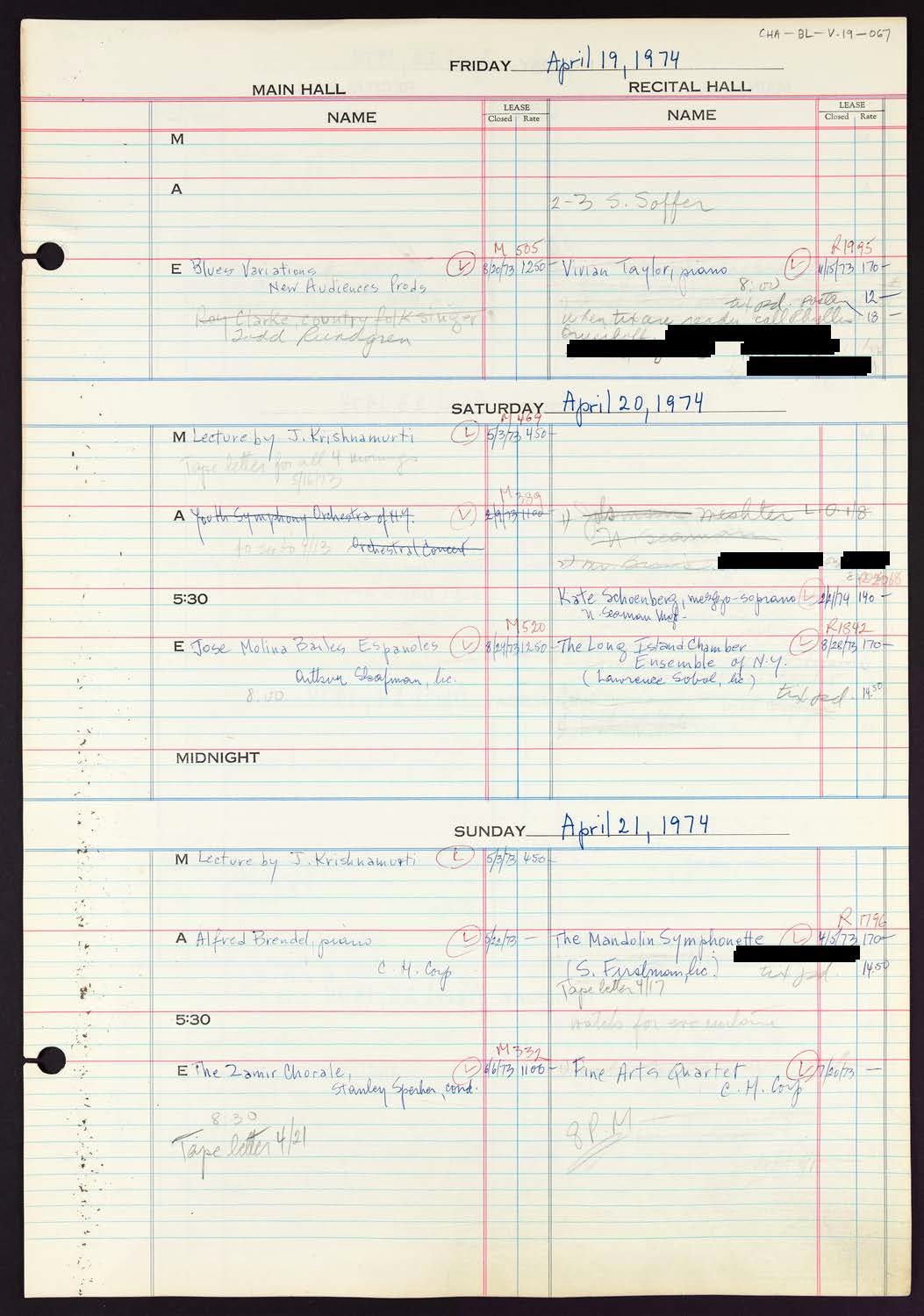 Carnegie Hall Booking Ledger, volume 19, page 67